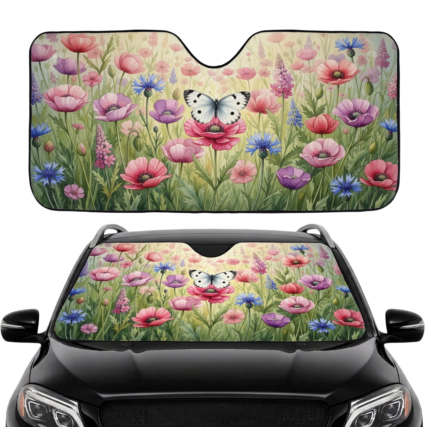 White Butterfly Pink Wildflower Cornflower Meadow Car Interior Upgrade Car Sunshade - 1
