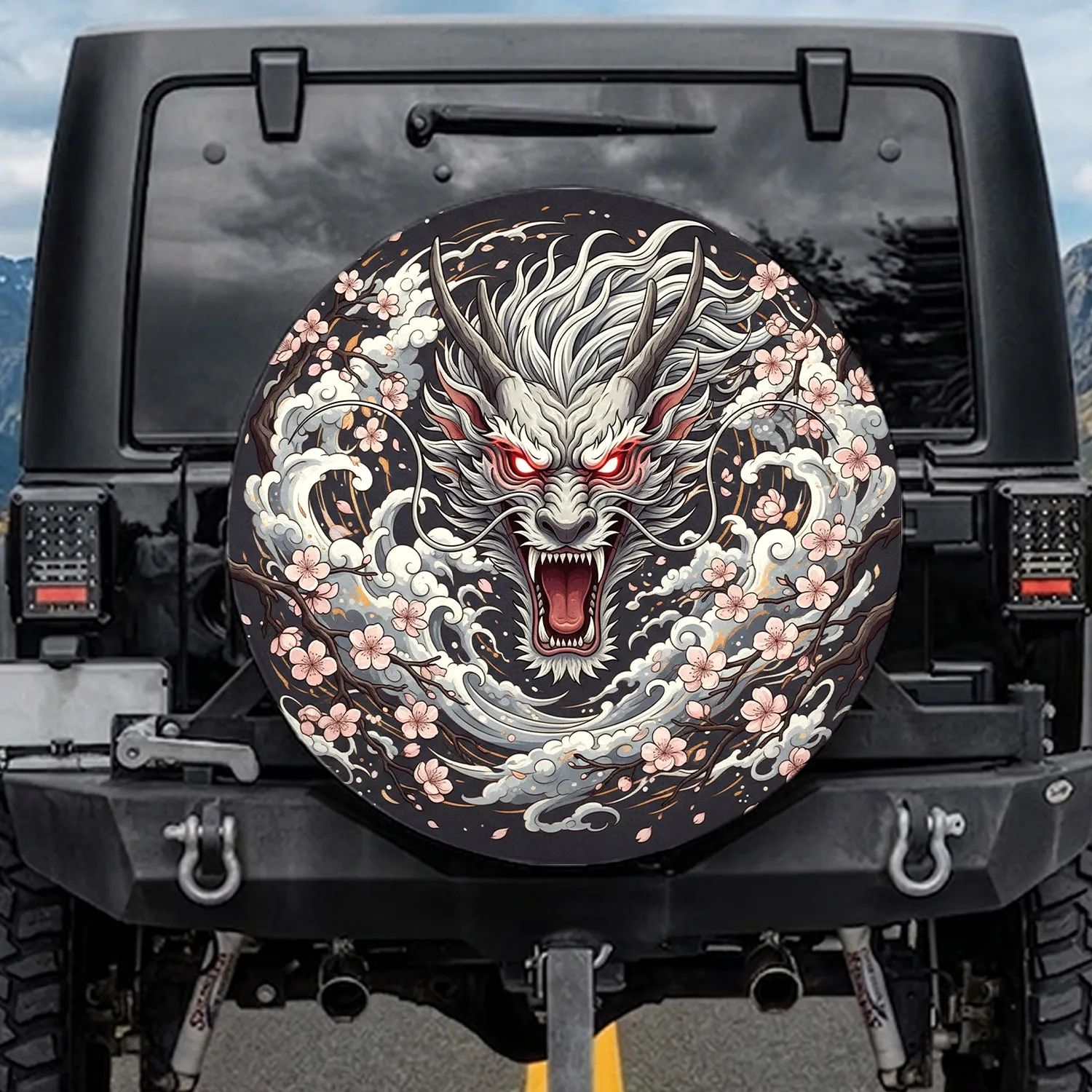 Roaring East Asian Dragon Head Cherry Blossom Storm Clouds - Dragon Lover Gift Spare Tire Cover - 1