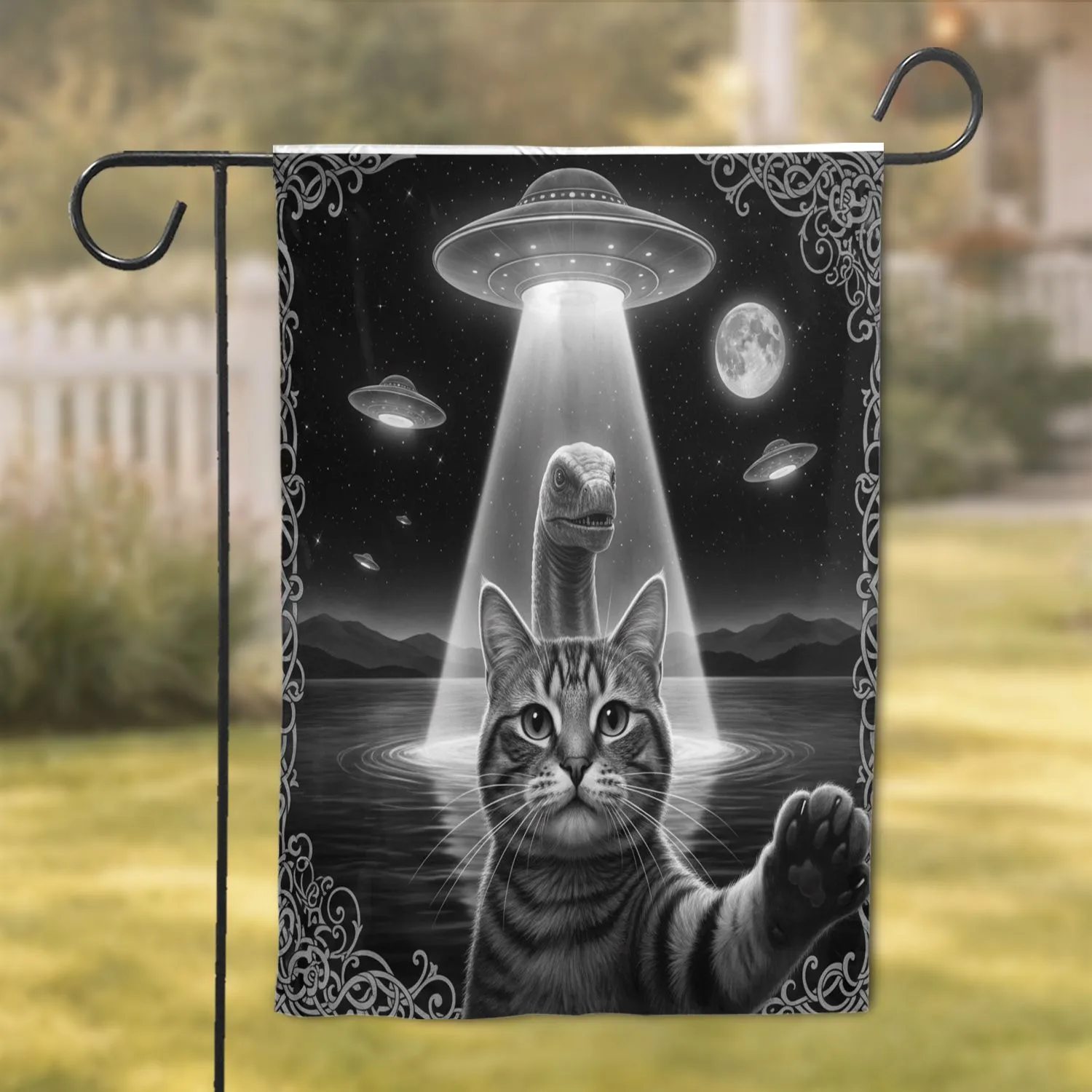 Tabby Cat Loch Ness Monster UFOs - Cosmic Home Decor Gift for Cat Lover Garden Flag - 1