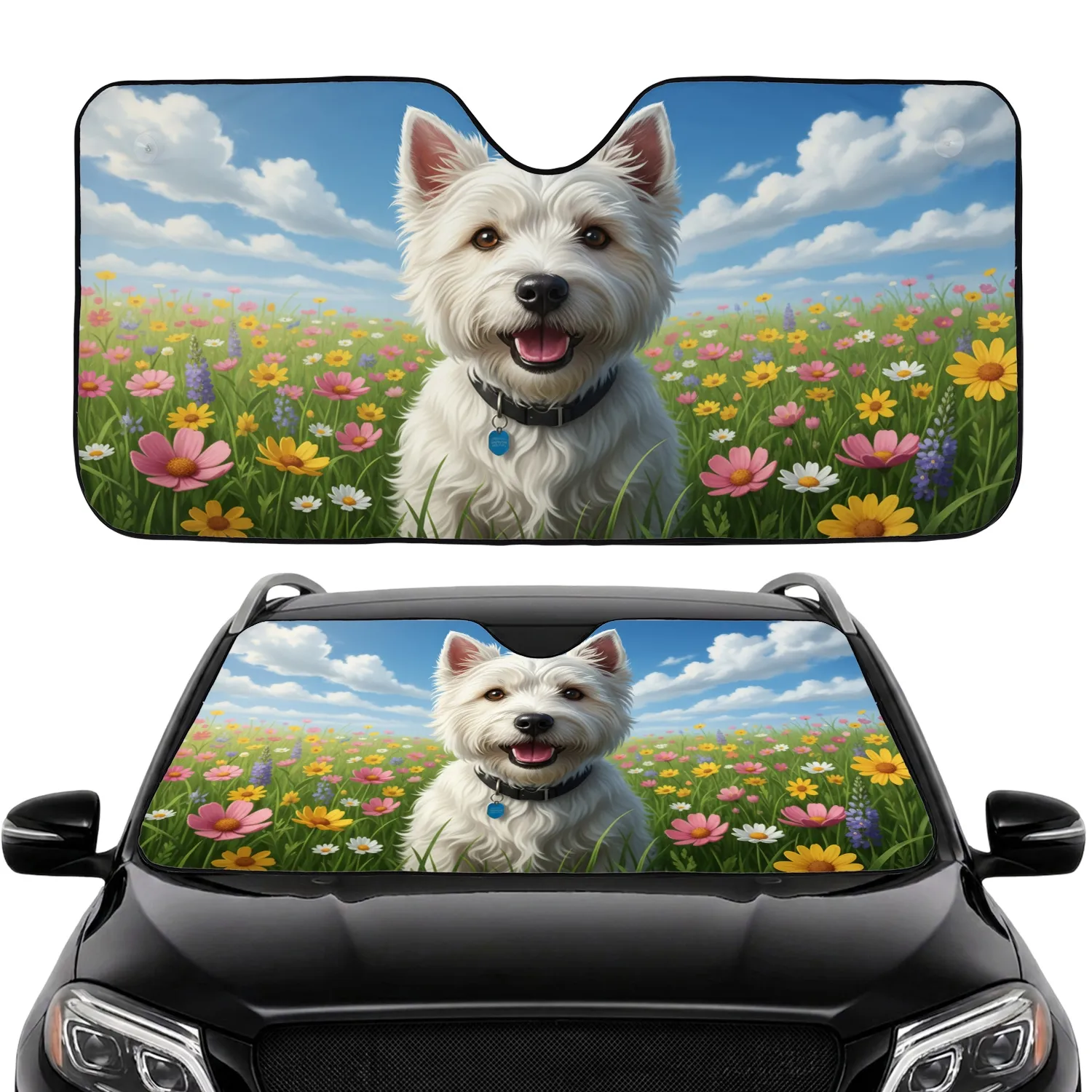Westie Dog Wildflower Meadow - Car Interior Upgrade for Dog Lover Car Sunshade - 1