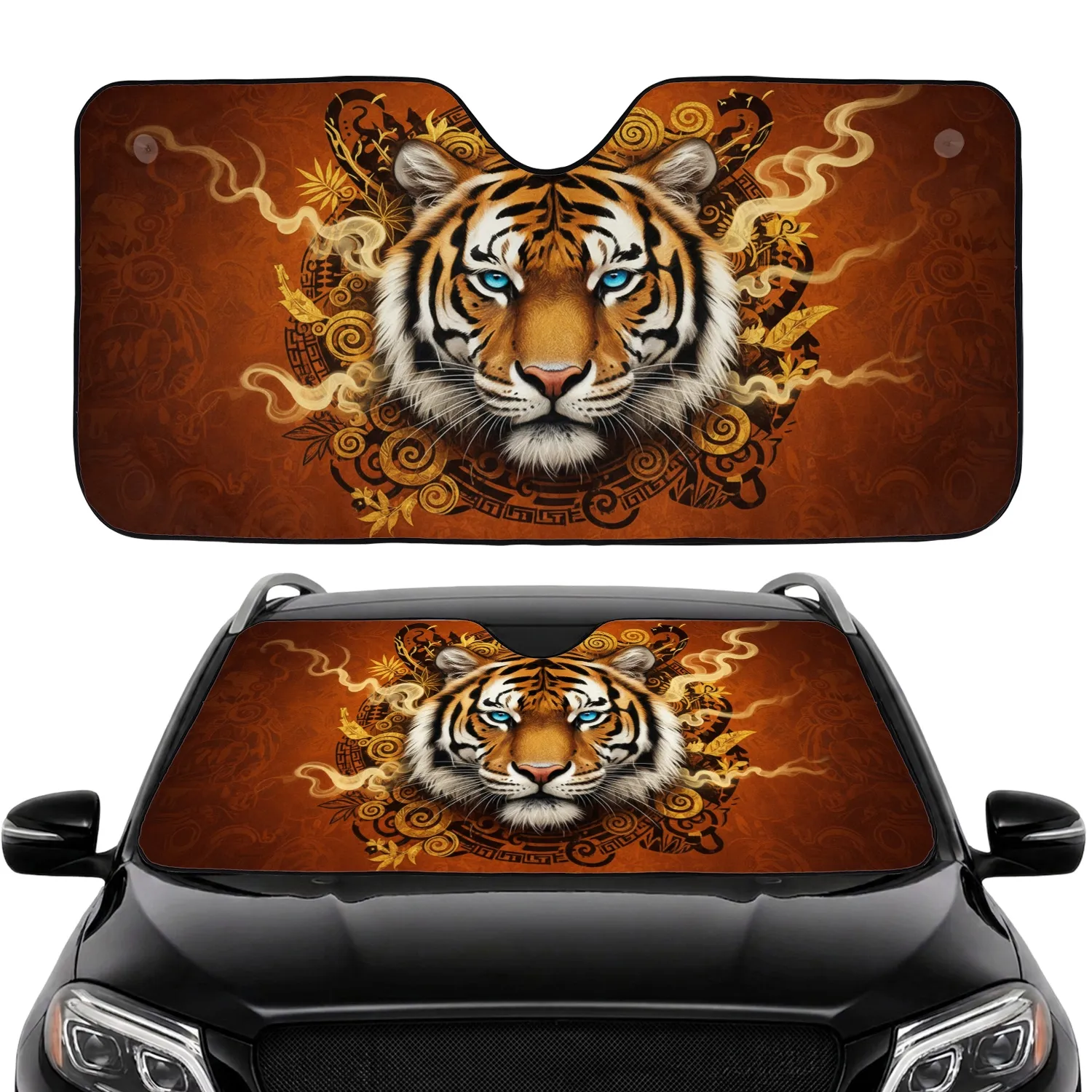 Majestic Tiger Head Blue Eyes Swirling Golden Black Stripes Car Interior Upgrade Car Sunshade - 1