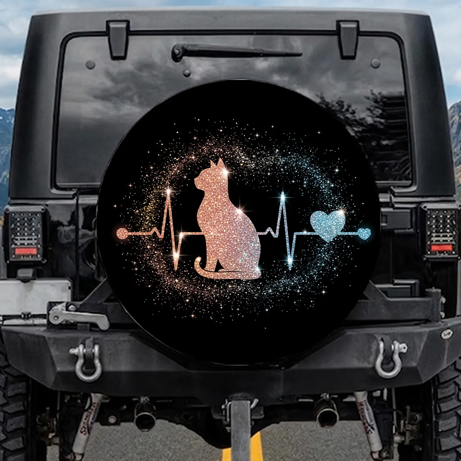 Majestic Cat Silhouette Rose Gold Glitter Heartbeat - Cat Lover Gift Spare Tire Cover - 1