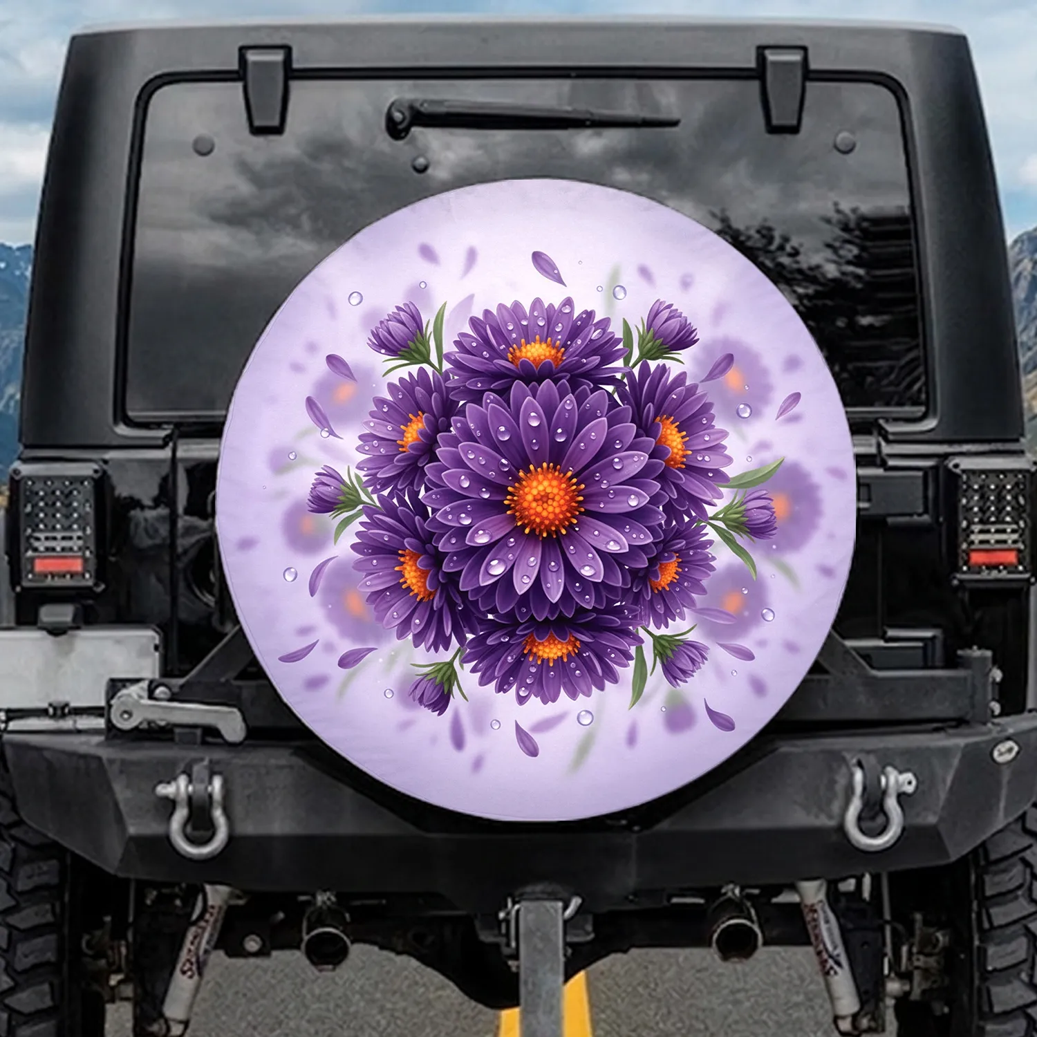 Vibrant Aster Flowers Water Droplets - Outdoor Enthusiast Gift Spare Tire Cover - 1