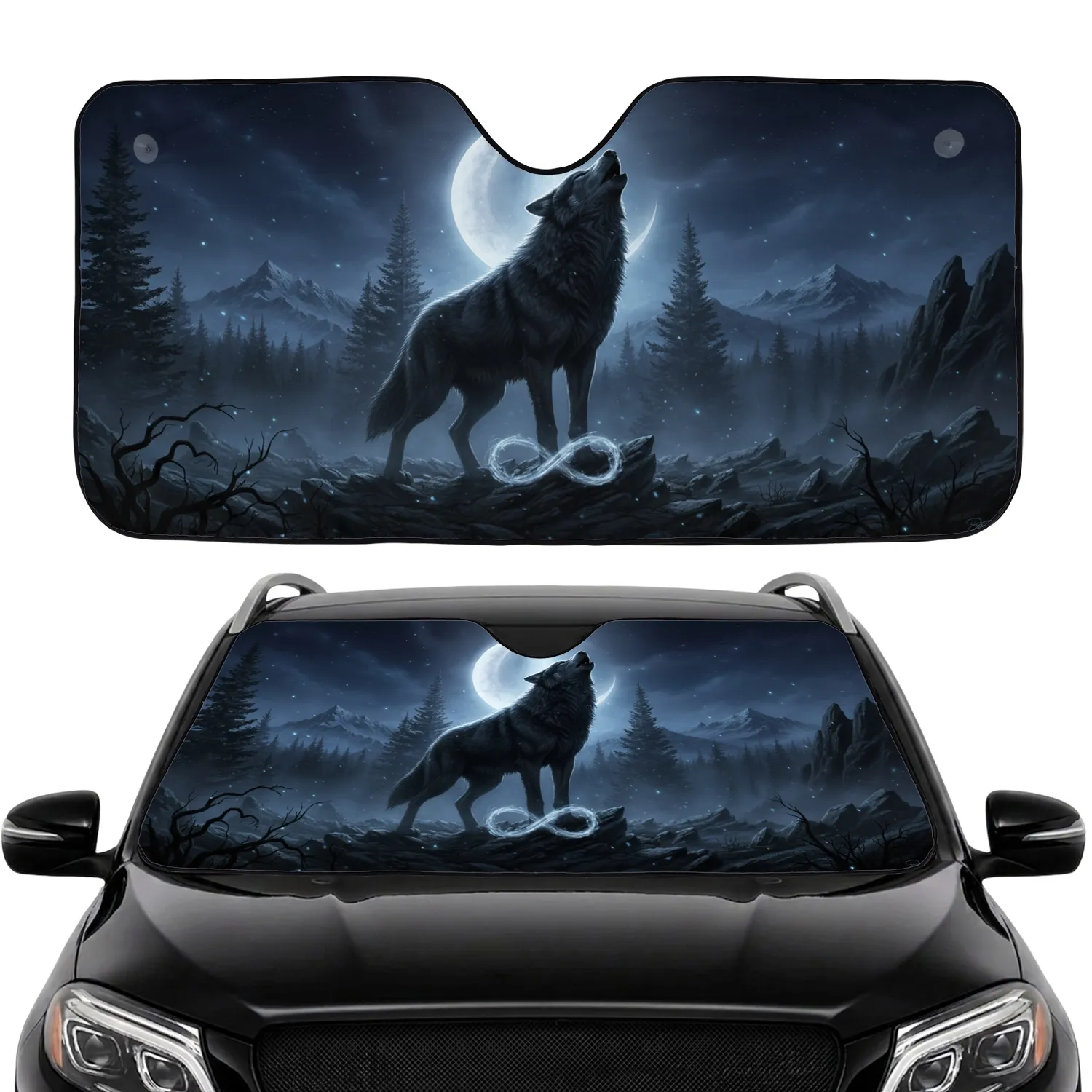 Dark Wolf Howling Crescent Moon Mountain Night Car Interior Upgrade Wildlife Lover Car Sunshade - 1