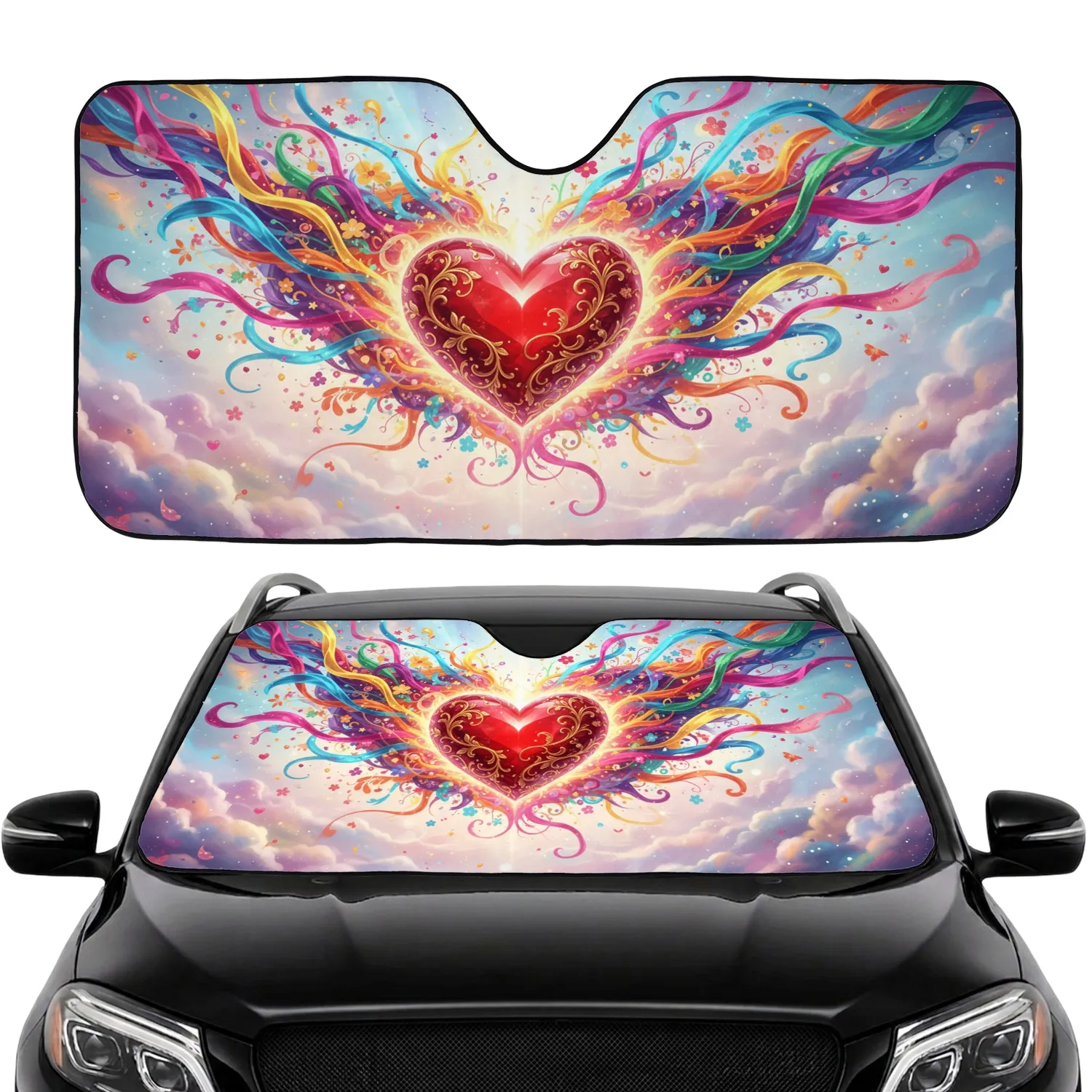 Glowing Red Heart Golden Filigree - Car Interior Upgrade Road Trip Gift Car Sunshade - 1