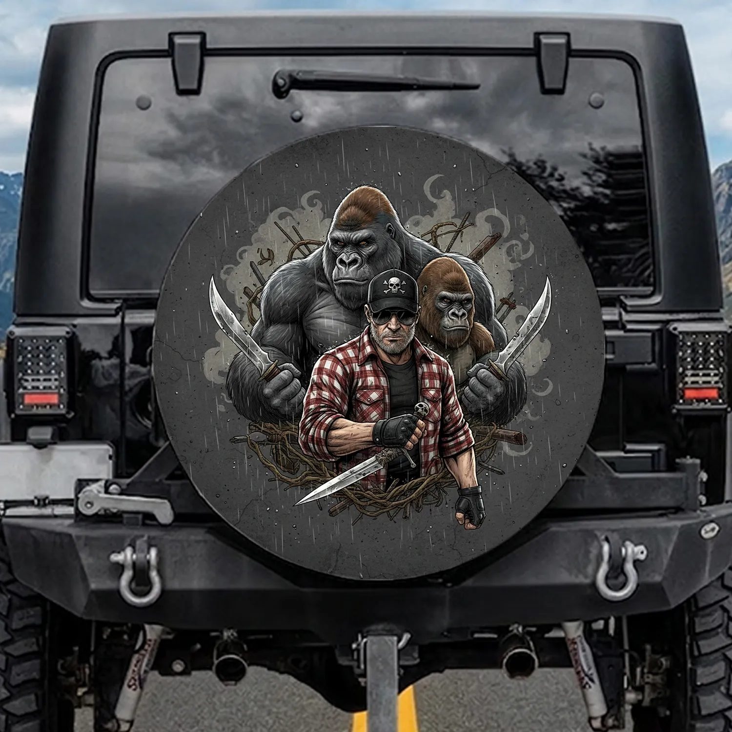 Fierce Gorilla Male Combat Knife Skull Cap - Outdoor Adventure Gift for Him Spare Tire Cover - 1
