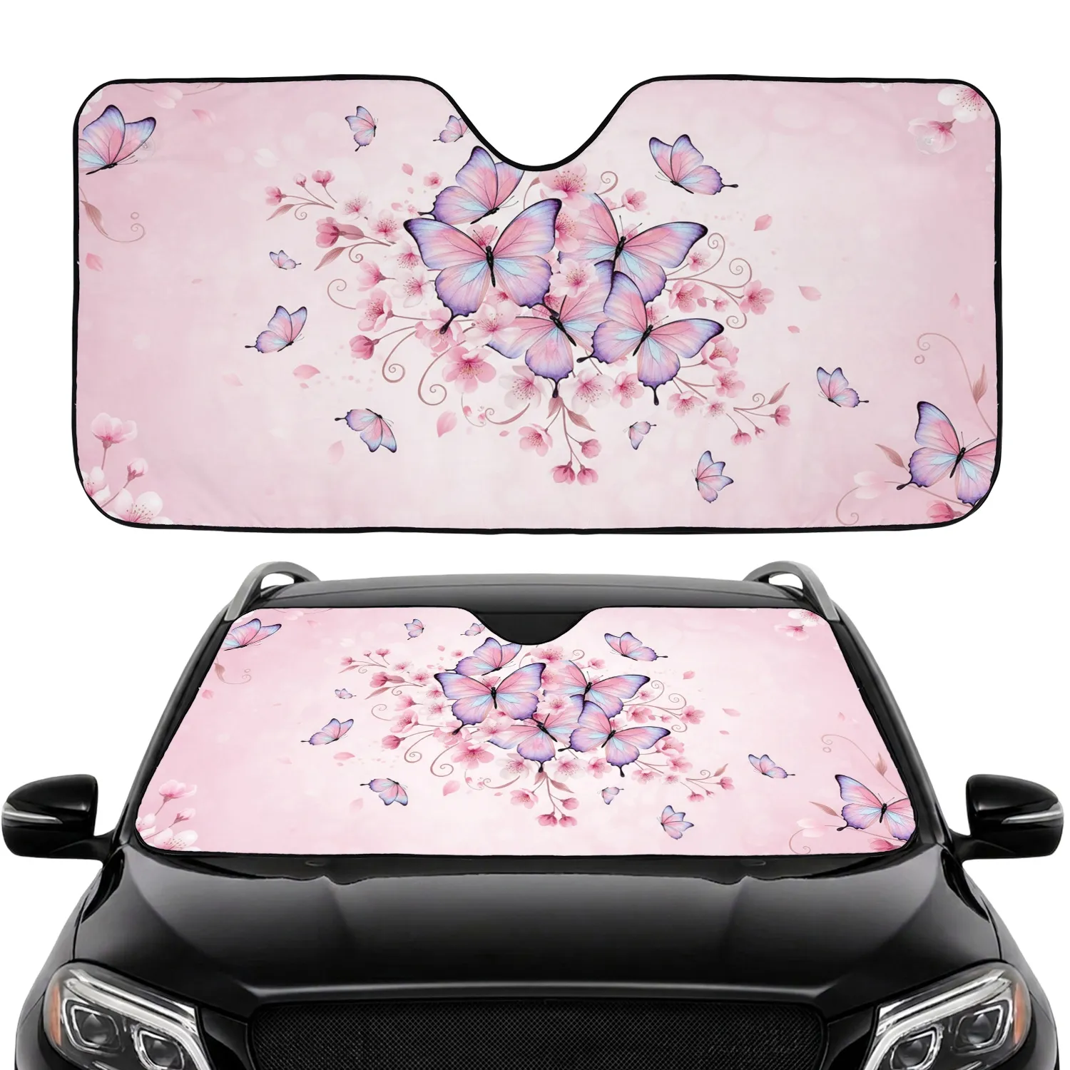 Butterflies Cherry Blossoms Floral Sprigs Iridescent Wings - Car Interior Upgrade Car Sunshade - 1
