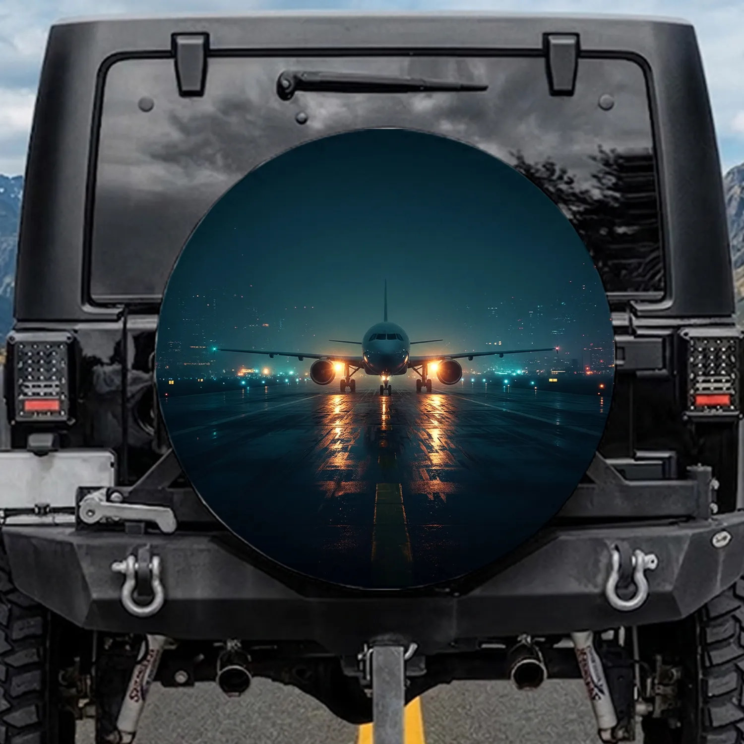 Commercial Passenger Jet Airplane Wet Runway Night - Travel Essentials Gift for Aviation Lover Spare Tire Cover - 1