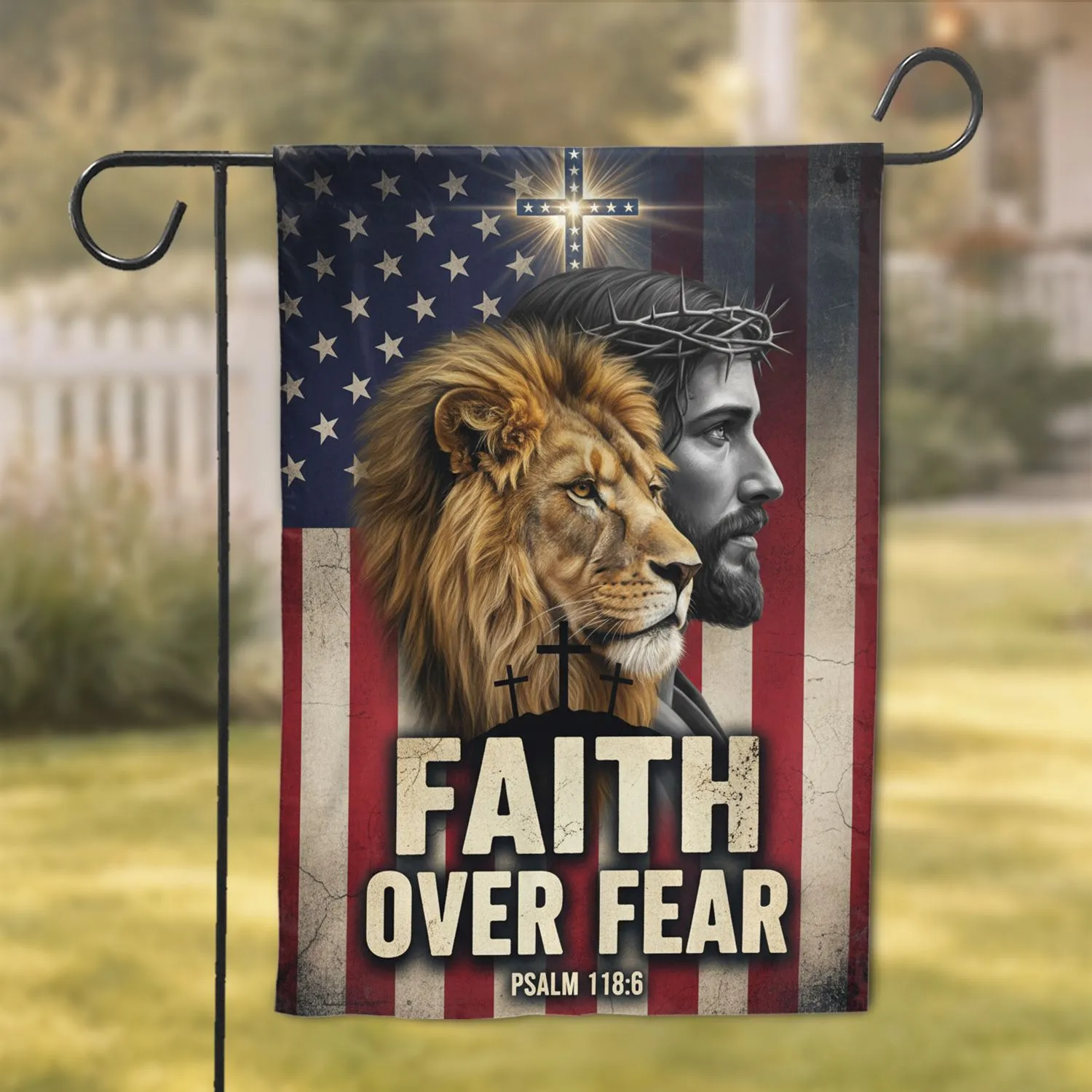 Jesus Christ Lion American Flag Faith Over Fear - Christian Home Decor Gift for Believers Garden Flag - 1