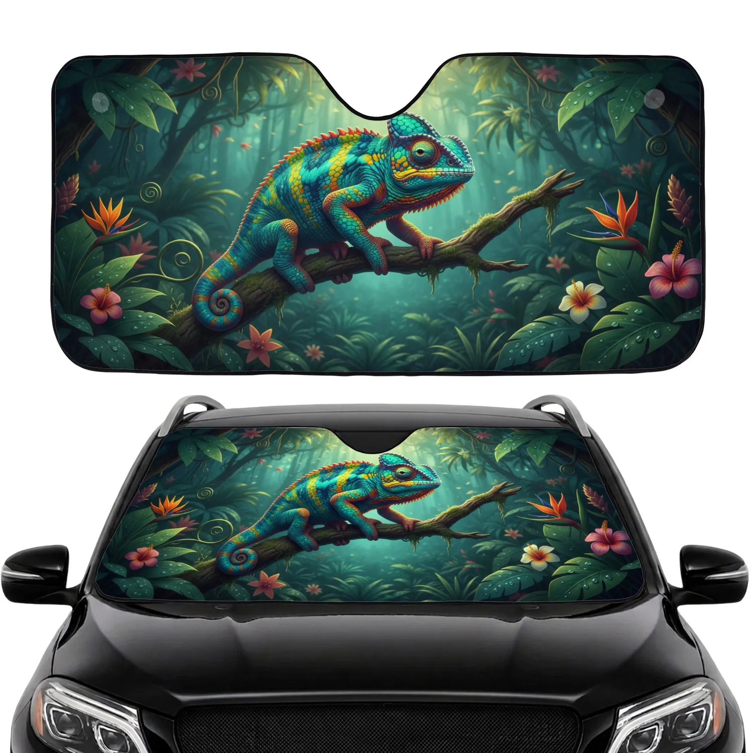 Iridescent Chameleon Perched Branch Tropical Jungle Exotic Flowers - Car Interior Upgrade Car Sunshade - 1