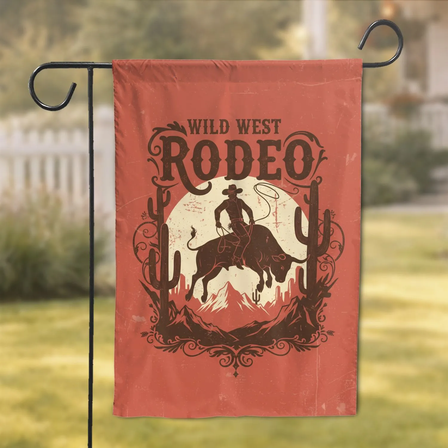 Cowboy Bucking Bull Wild West Rodeo Desert - Western Home Decor Gift Garden Flag - 1