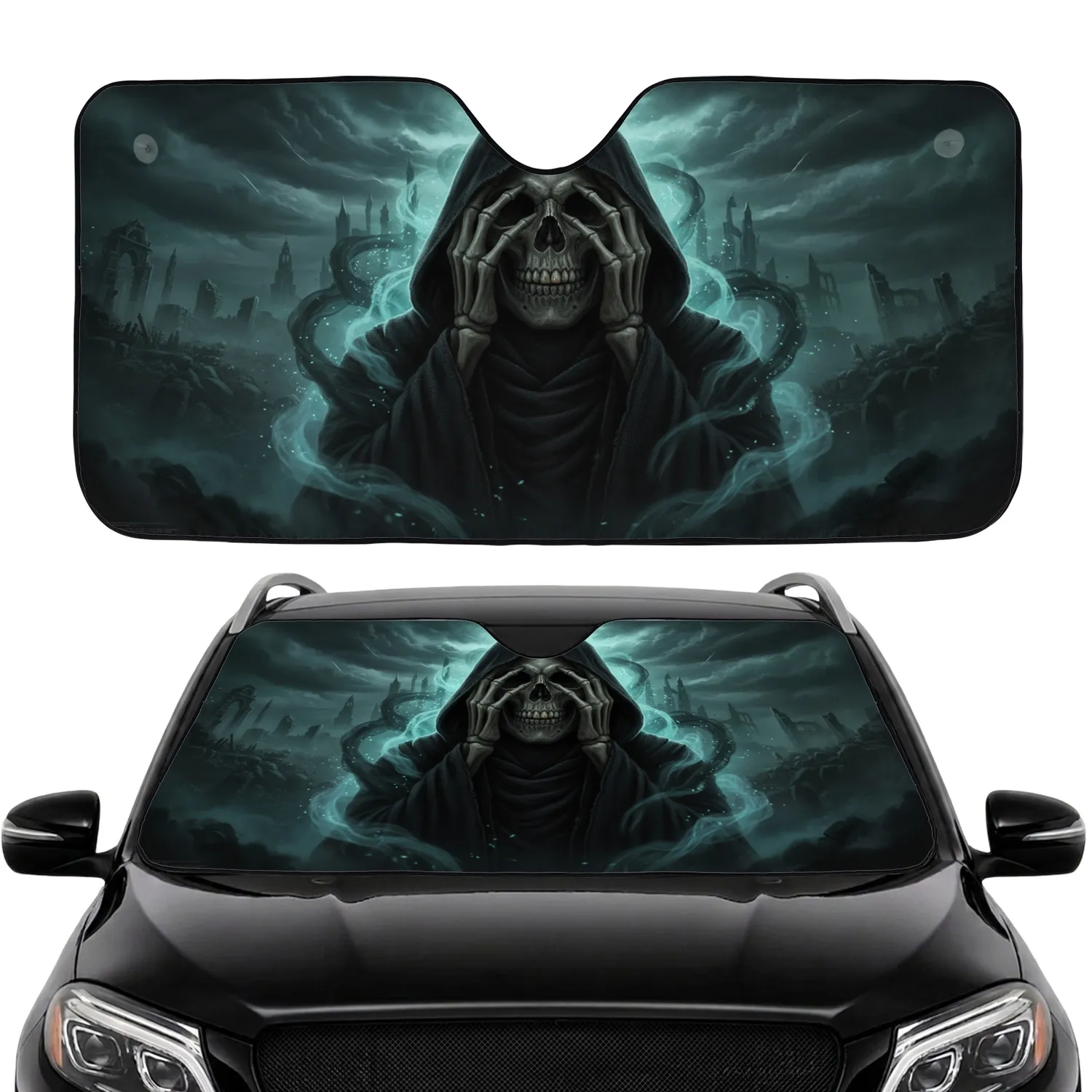 Grim Reaper Skull Ancient Ruins Ethereal Mist Stormy Sky Road Trip Accessory Car Sunshade - 1