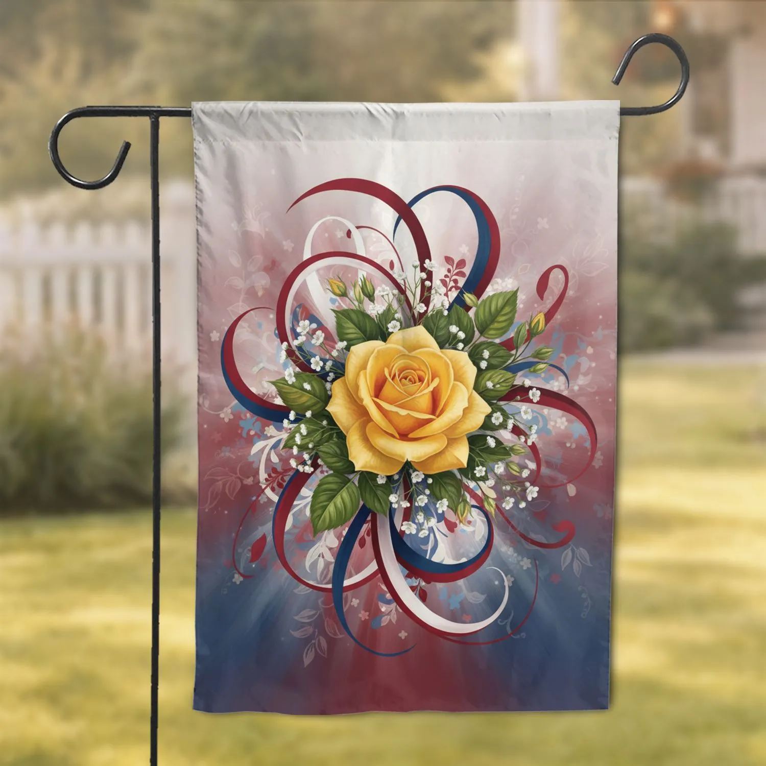 Patriotic Yellow Rose White Floral Abstract - Independence Day Home Decor Gift Garden Flag - 1