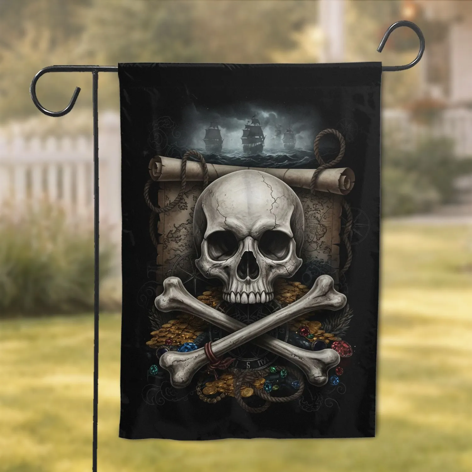 Aged Skull Crossbones Pirate Ship Gold - Gothic Home Decor Gift Garden Flag - 1