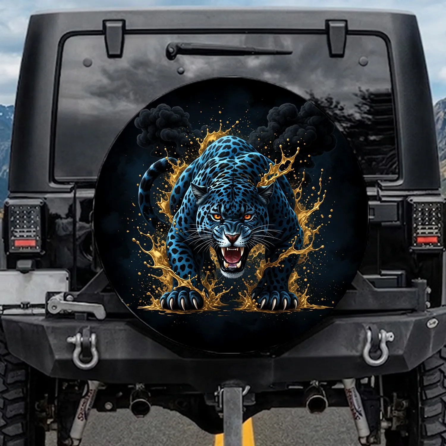 Snarling Blue Spotted Black Jaguar Gold Splash Wildlife Lover Gift Spare Tire Cover - 1