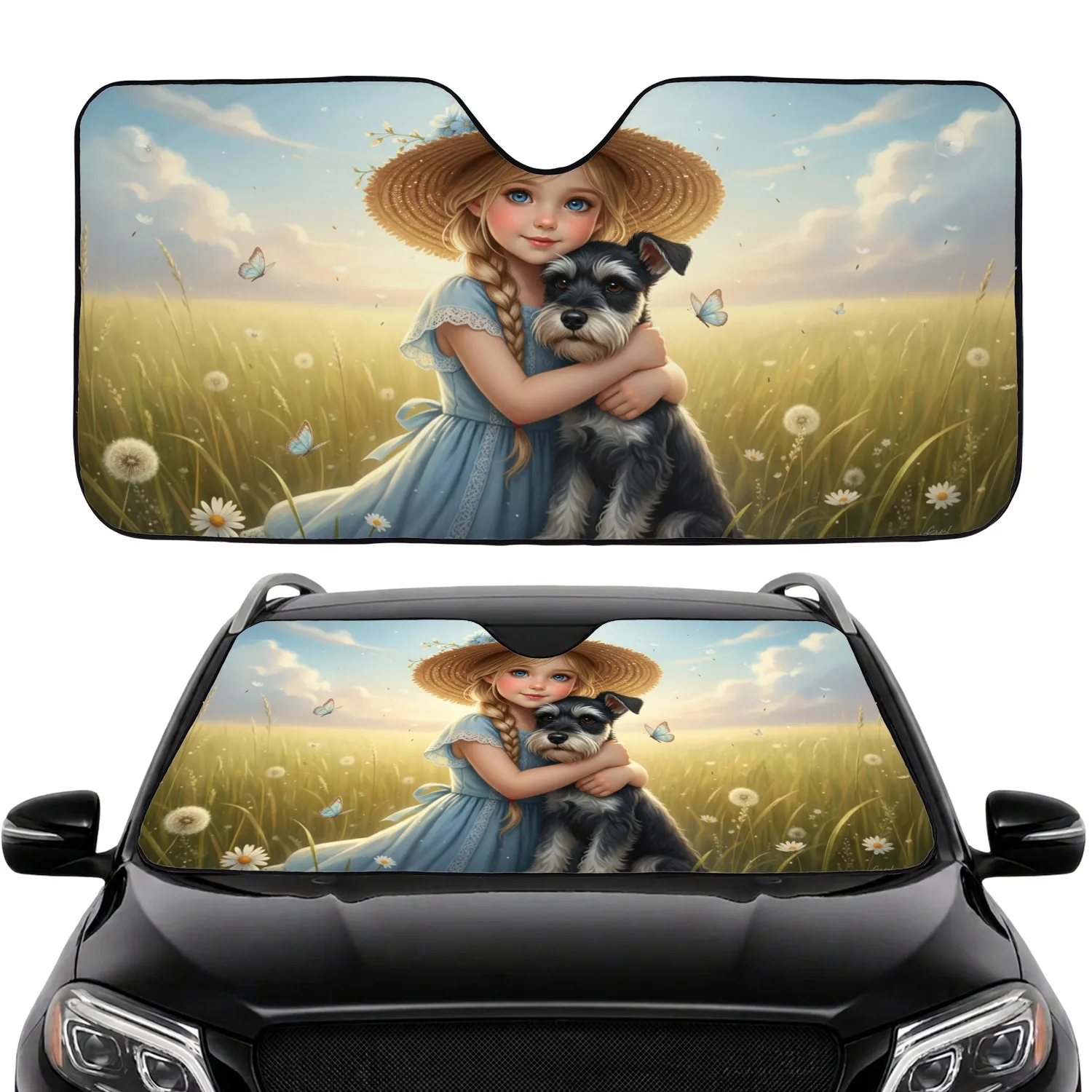 Blonde Girl Schnauzer Dog Butterflies Meadow Car Interior Upgrade Car Sunshade - 1