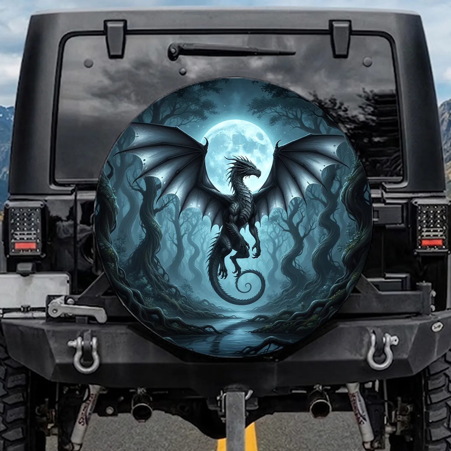 Dark Grey Dragon Mystical Forest Moon - Fantasy Lover Gift Spare Tire Cover - 1