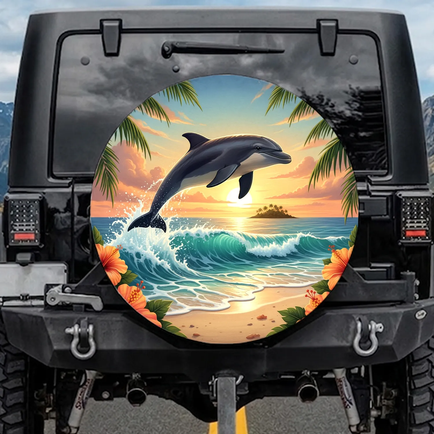 Leaping Dolphin Ocean Waves Hibiscus Palm Fronds Tropical Sunset - Beach Lover Gift Spare Tire Cover - 1
