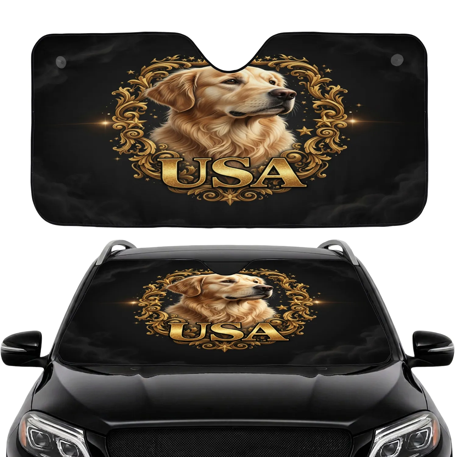 Golden Retriever USA Gold Filigree - Patriotic Car Interior Upgrade for Dog Owners Car Sunshade - 1