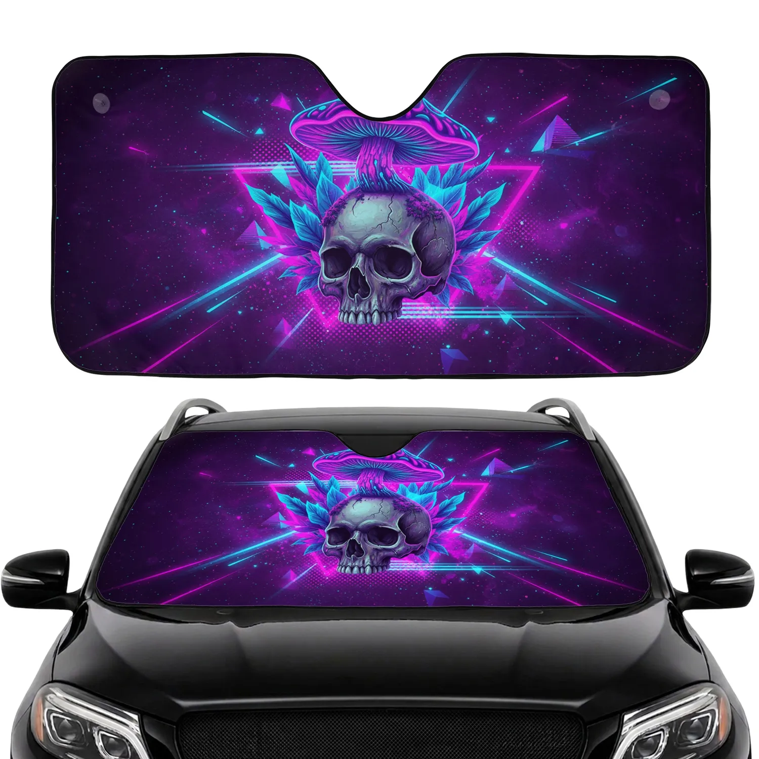 Neon Geometric Psychedelic Mushroom Skull Luminous Foliage - Car Interior Upgrade Car Sunshade - 1