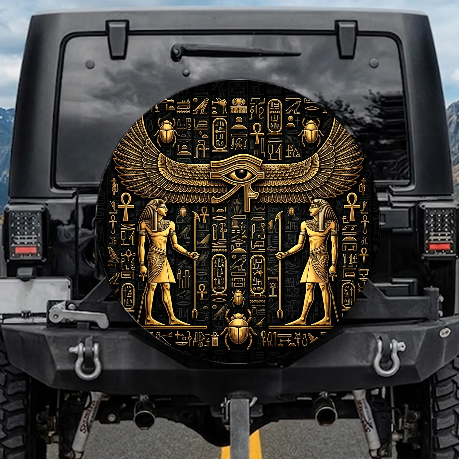 Winged Eye of Horus Ancient Egyptian Figures Ankh - Egyptian History Lover Gift Spare Tire Cover - 1