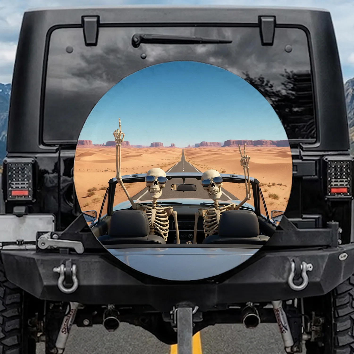 Cool Skeletons Sunglasses Desert Open-Top Vehicle Journey - Road Trip Adventure Gift Spare Tire Cover - 1