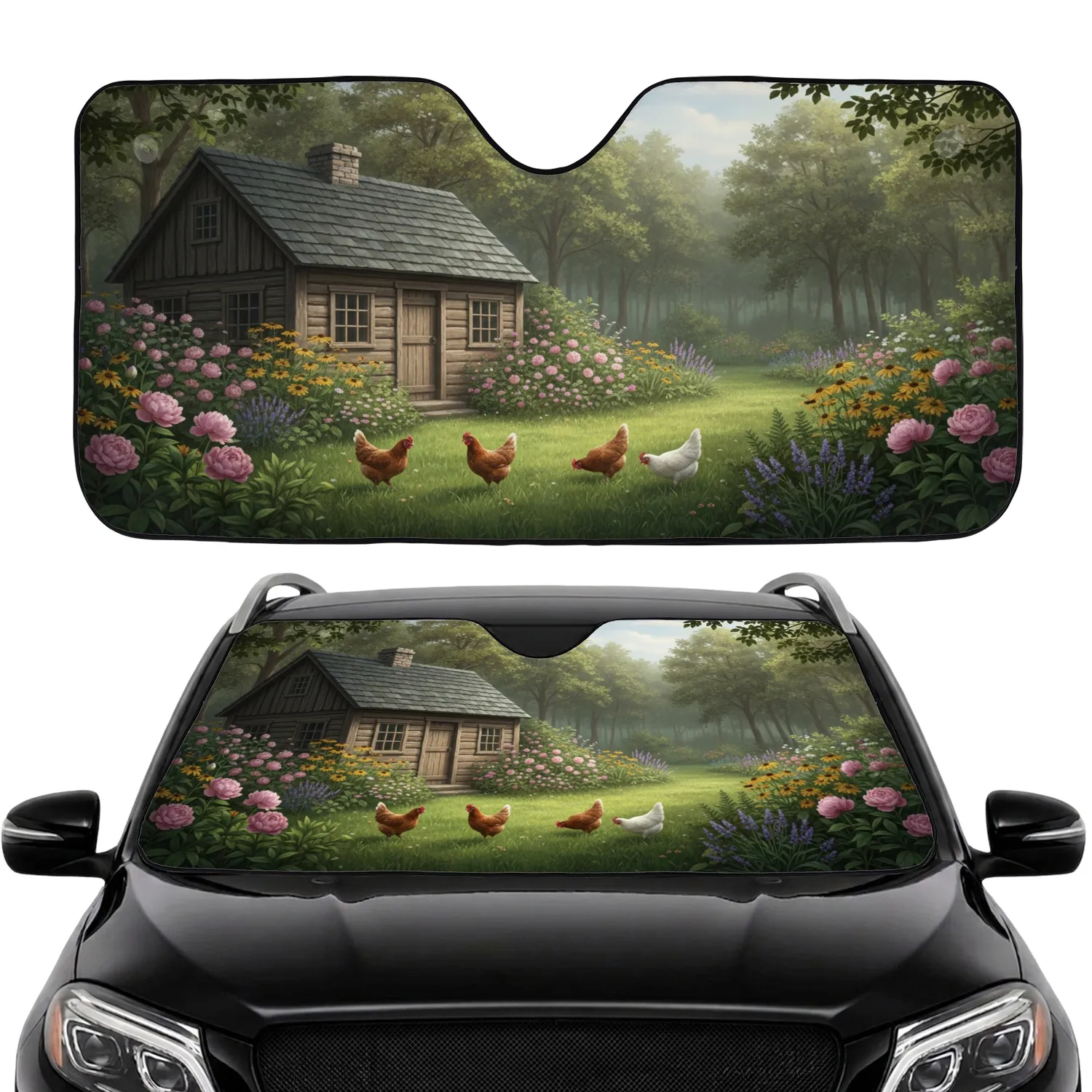 Rustic Wooden Cabin Free-Range Chickens Garden Flowers Forest - Car Interior Upgrade Car Sunshade - 1