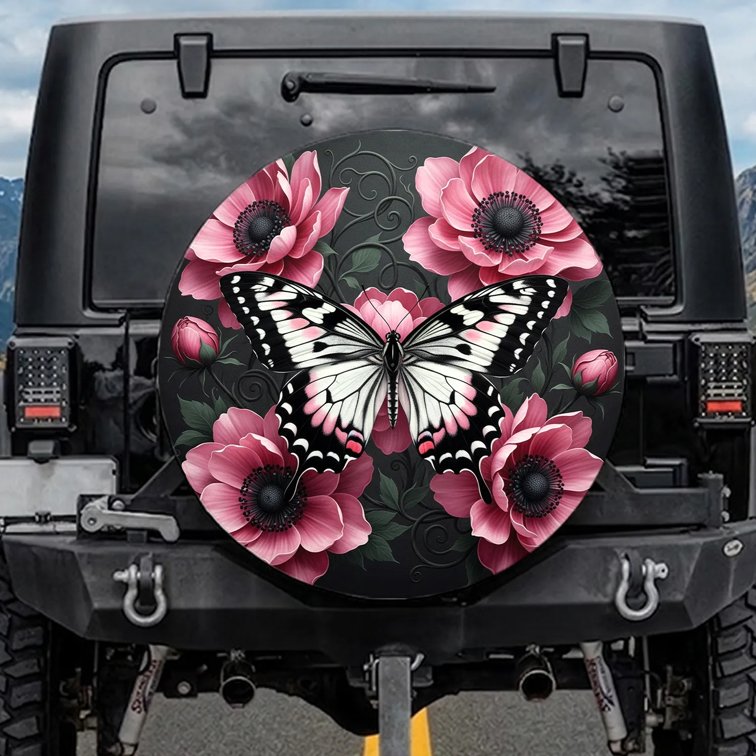 Black White Butterfly Pink Flowers Foliage - Wildlife Lover Auto Accessory Spare Tire Cover - 1