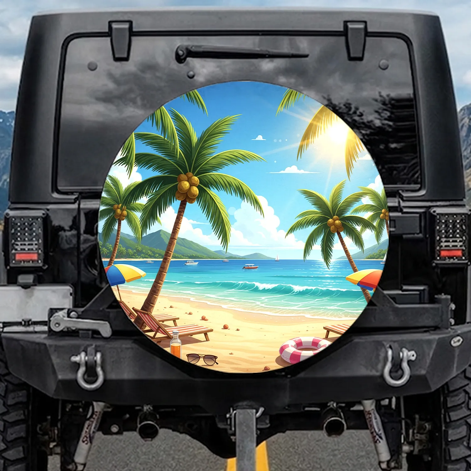 Golden Sand Turquoise Ocean Palm Trees Tropical Islands Beach - Summer Vacation Travel Essentials Spare Tire Cover - 1