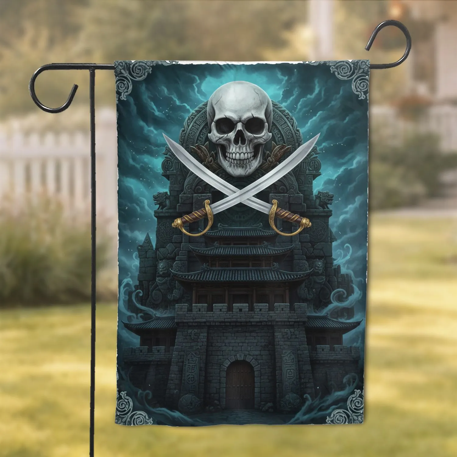 Jolly Roger Skull Cutlass Sabers Gatehouse - Mysterious Adventure Home Decor Garden Flag - 1