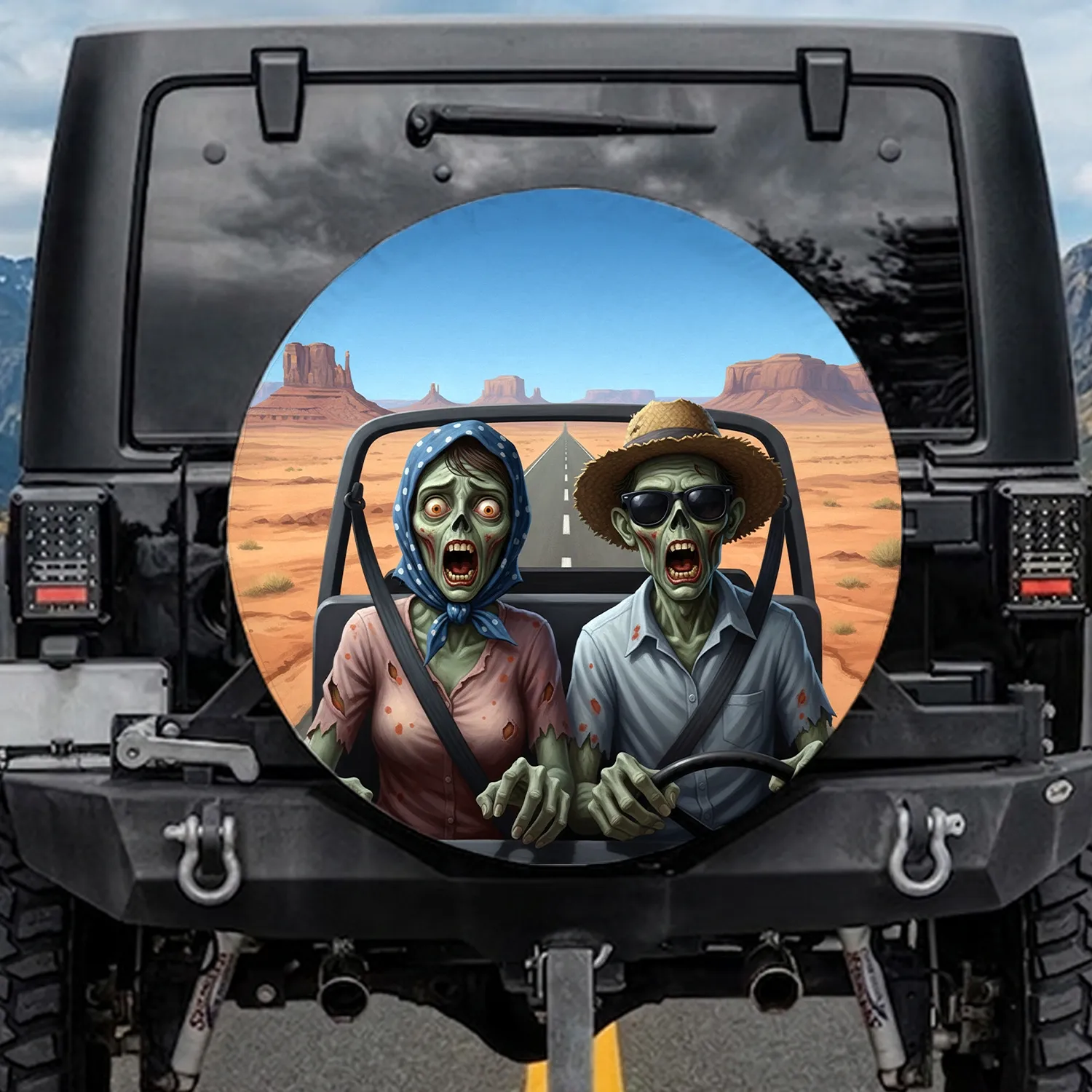 Shocked Zombie Duo Desert Road Trip Scene - Unique Car Decor Gift Spare Tire Cover - 1