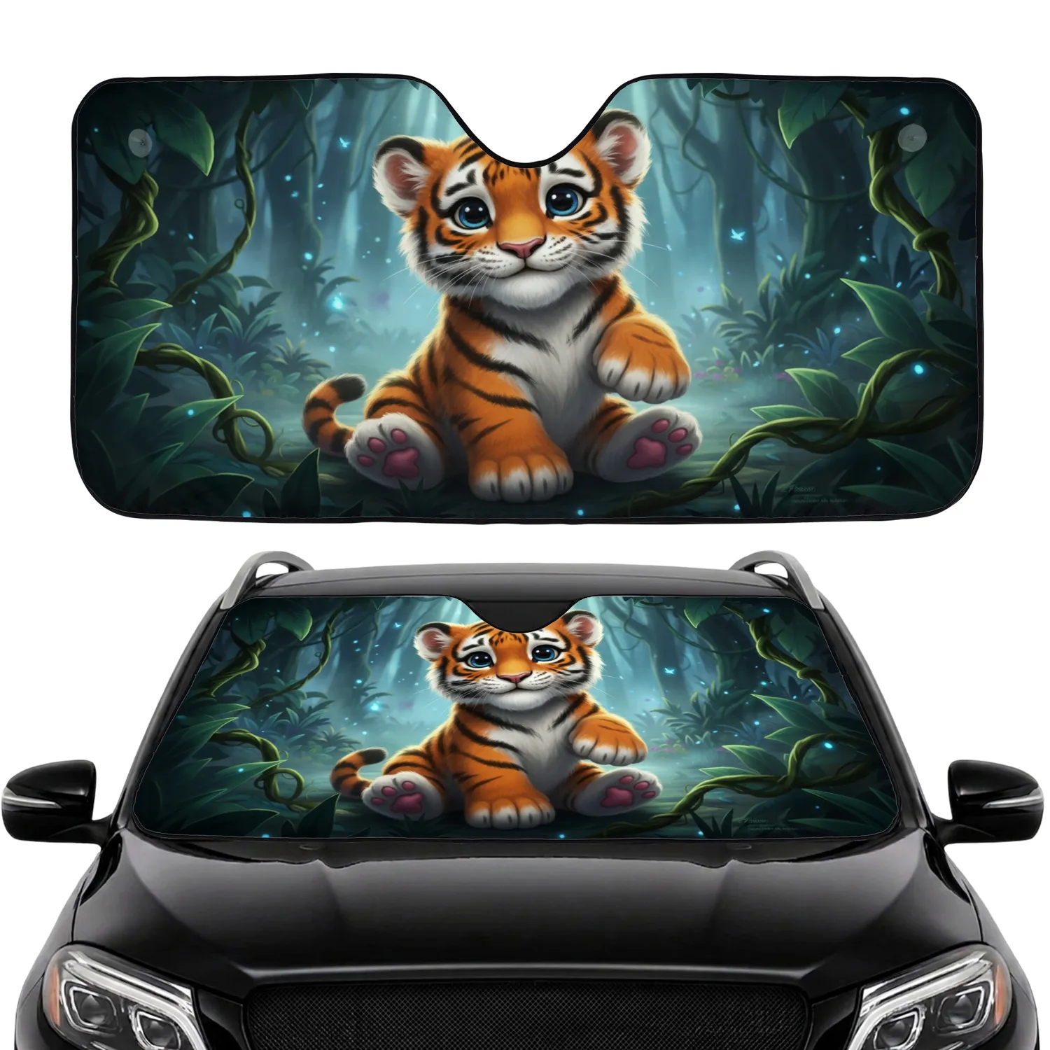 Expressive Blue-Eyed Baby Tiger Cub Magical Jungle Twilight - Road Trip Gift Car Sunshade - 1