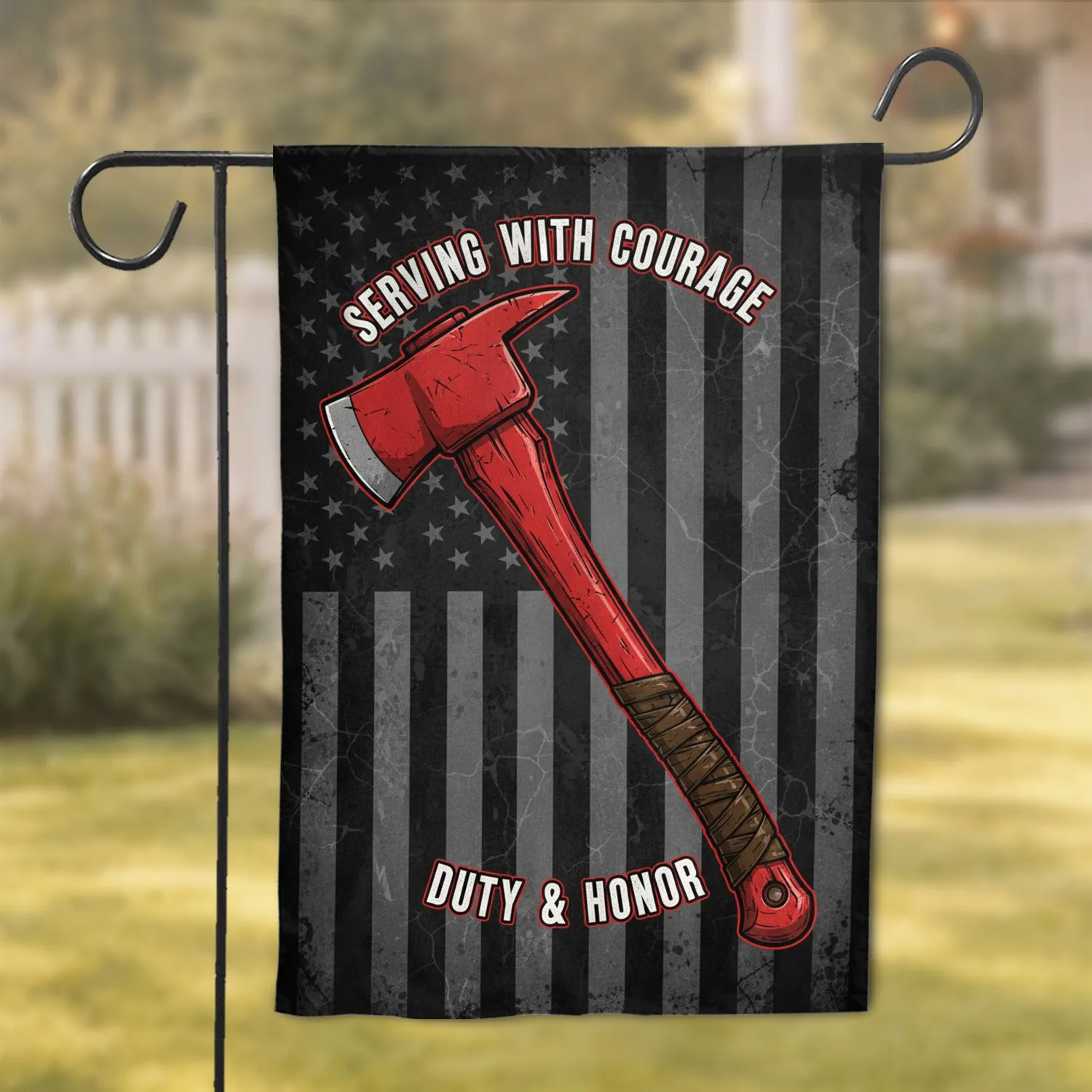 Distressed Firefighter Axe Thin Grey Line American Flag - Firefighter Home Decor Gift Garden Flag - 1