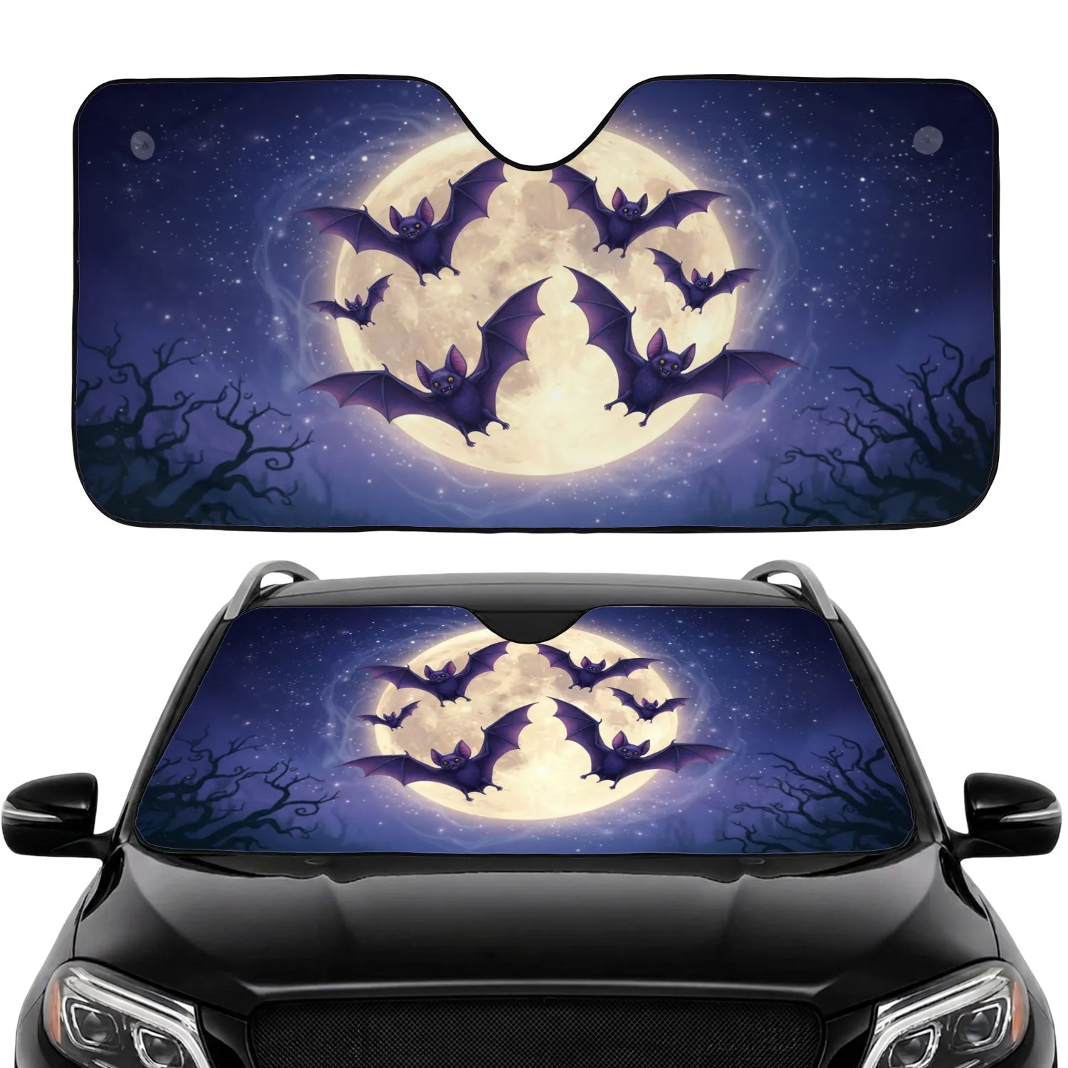 Luminous Full Moon Bats Twinkling Stars Spooky Gnarled Trees - Car Interior Upgrade Car Sunshade - 1
