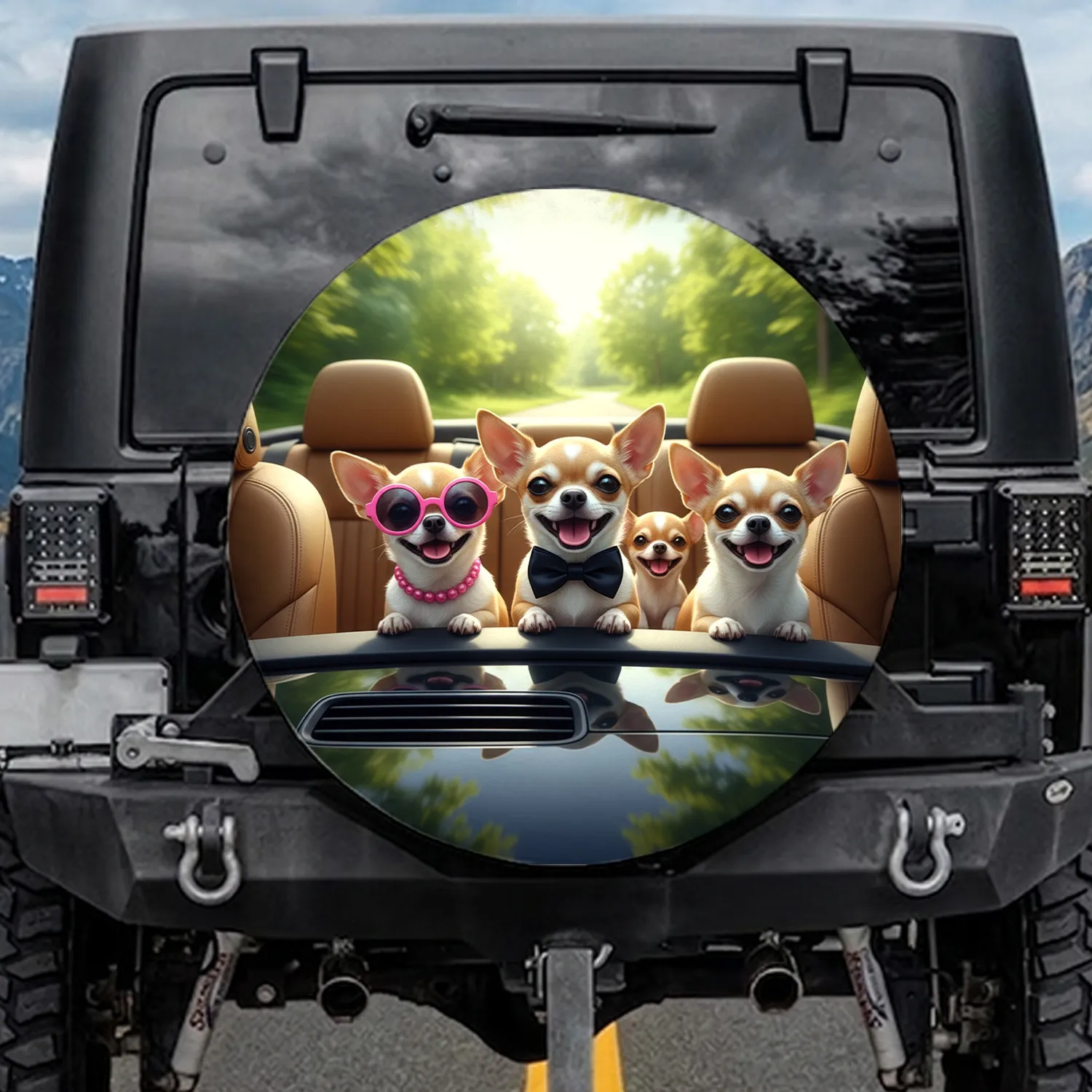 Chihuahuas Pink Sunglasses Bow Tie Car Ride - Dog Lover Travel Gift Spare Tire Cover - 1