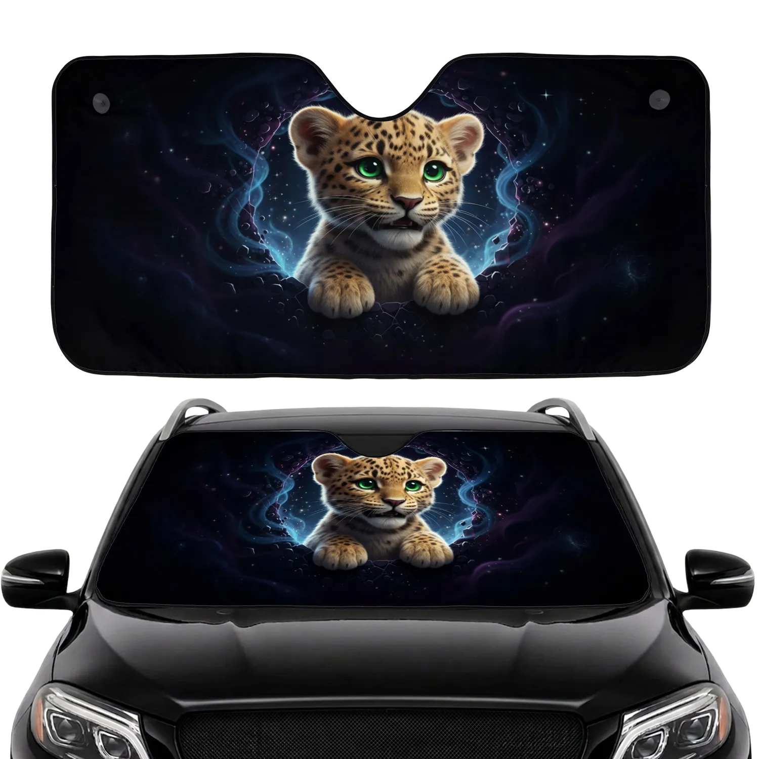 Leopard Cub Emerald Eyes Dark Tear Glowing Fragments - Car Interior Upgrade Car Sunshade - 1