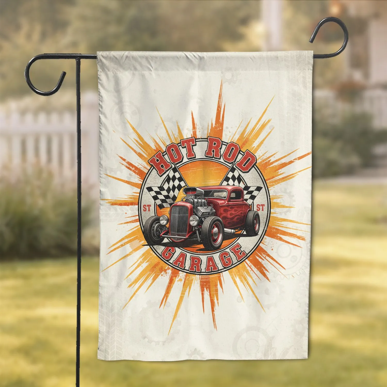 Vintage Hot Rod Car Racing Flag Sunburst Garage Emblem - Automotive Lover Gift for Him Garden Flag - 1