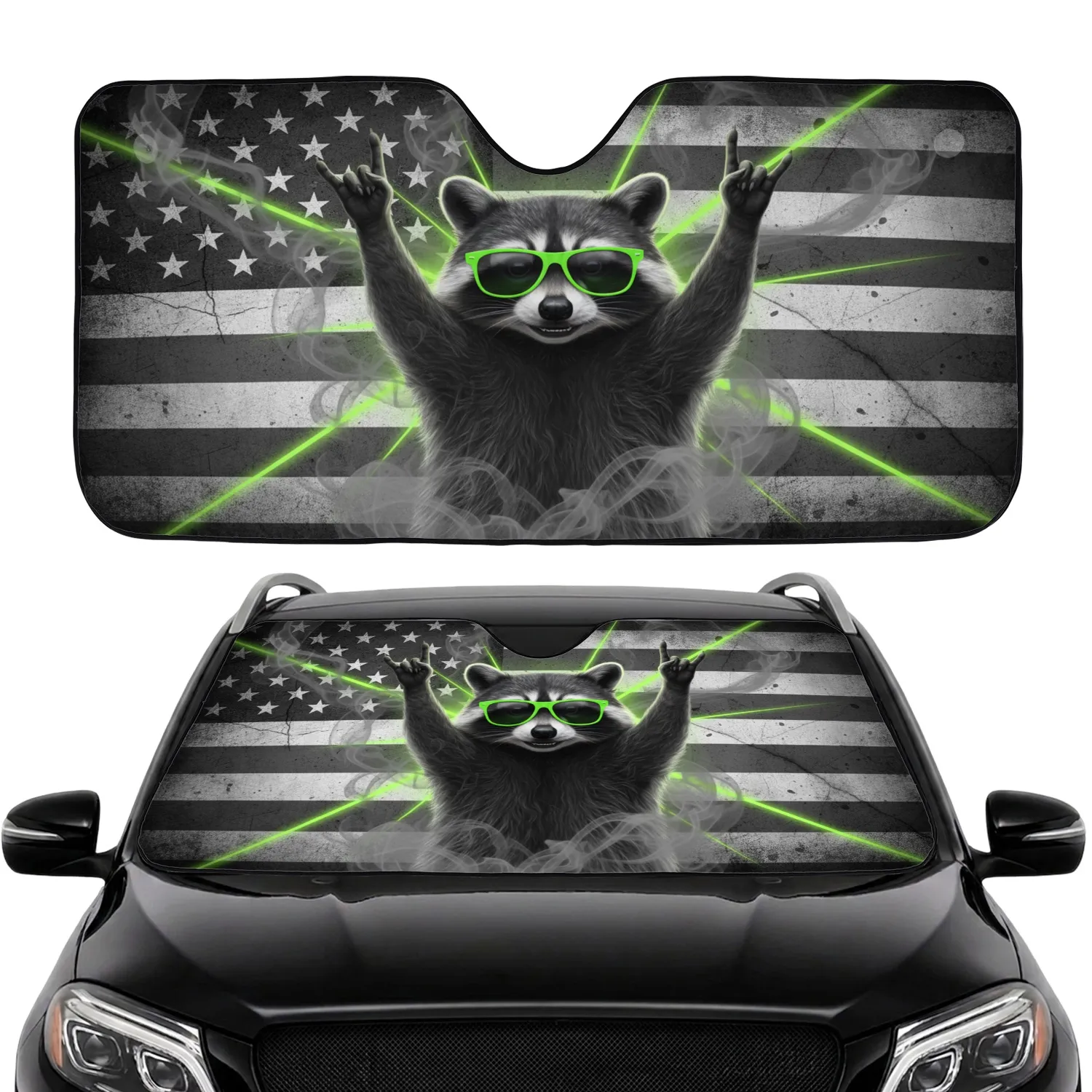 Realistic Raccoon Devil Horn Neon Sunglasses Distressed American Flag Commute Accessory Car Sunshade - 1