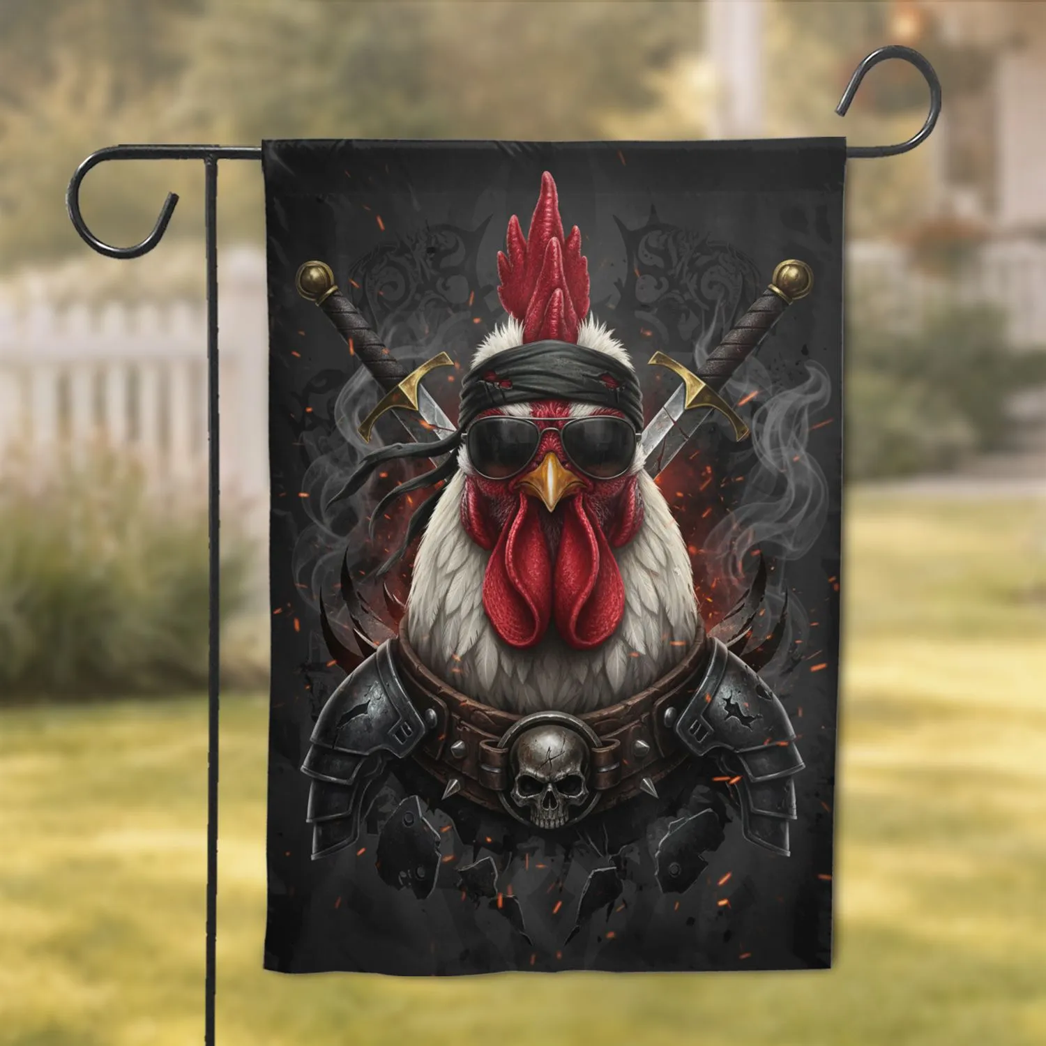 Rooster Head Sunglasses Skull Collar Crossed Swords - Warrior Spirit Home Decor Gift Garden Flag - 1