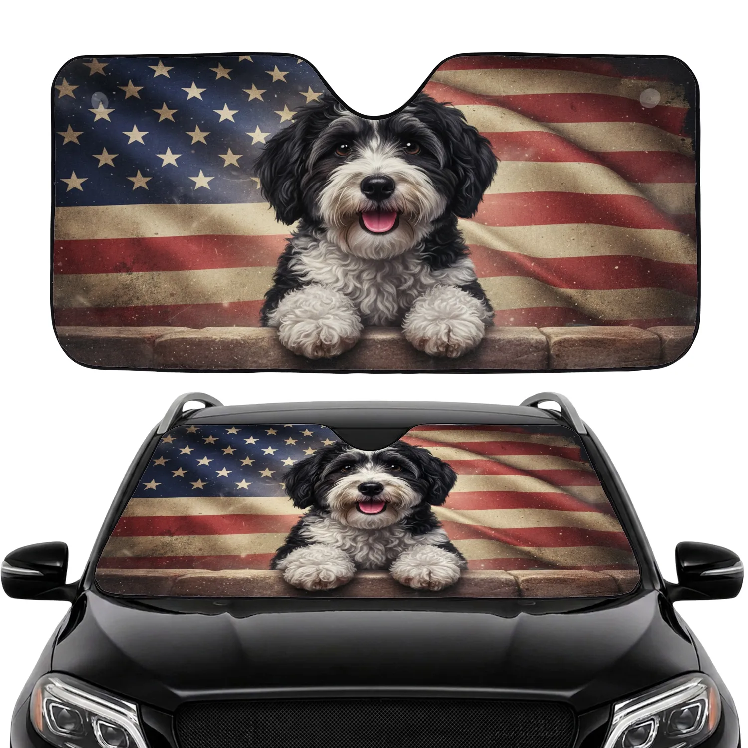 Fluffy Havanese Dog American Flag - Road Trip Gift for Dog Lovers Car Sunshade - 1