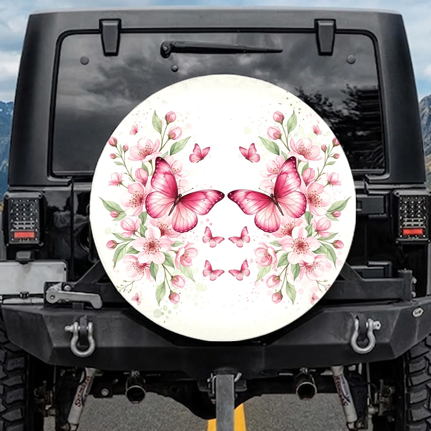 Fuchsia Blush Pink Butterflies Pink Flowers Green Foliage - Nature Lover Home Decor Gift Spare Tire Cover - 1