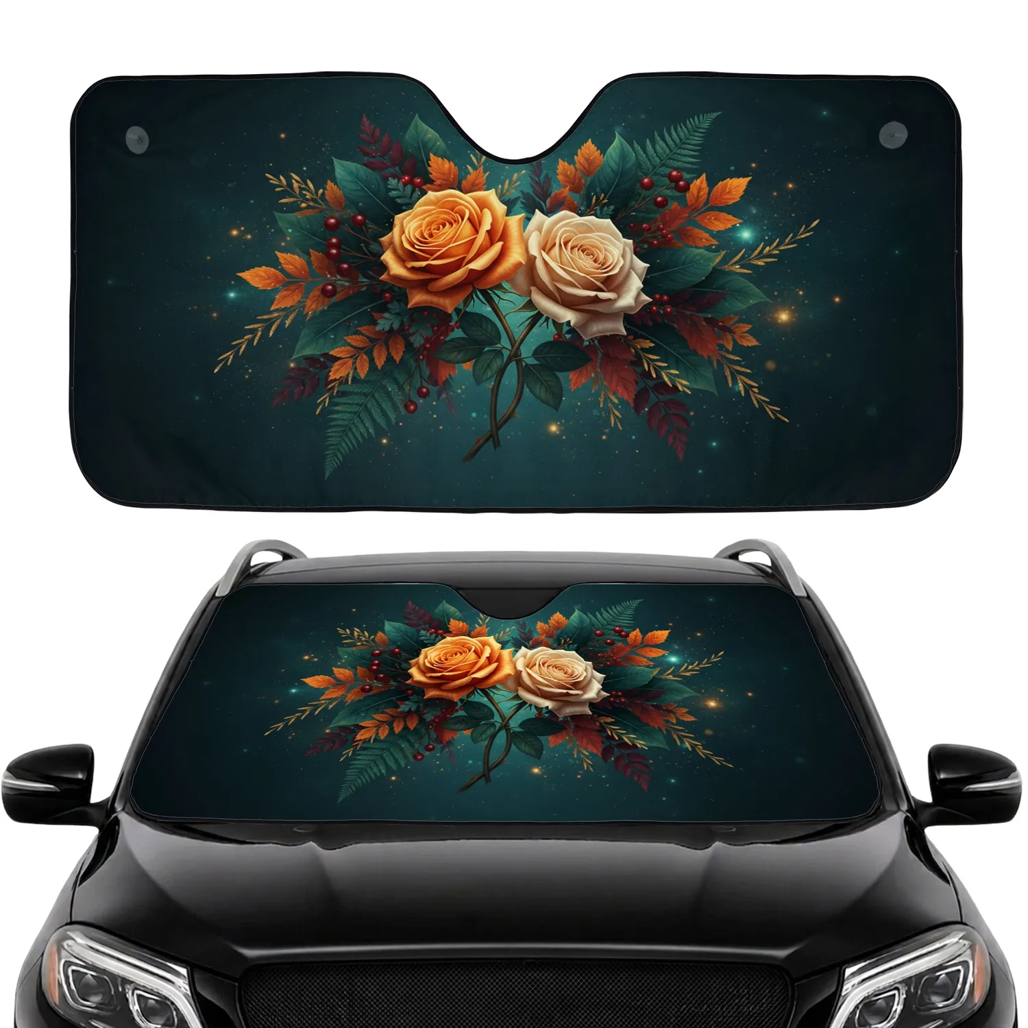 Golden Orange Cream Roses Autumn Berry Leaves Golden Sprigs - Car Interior Upgrade Car Sunshade - 1