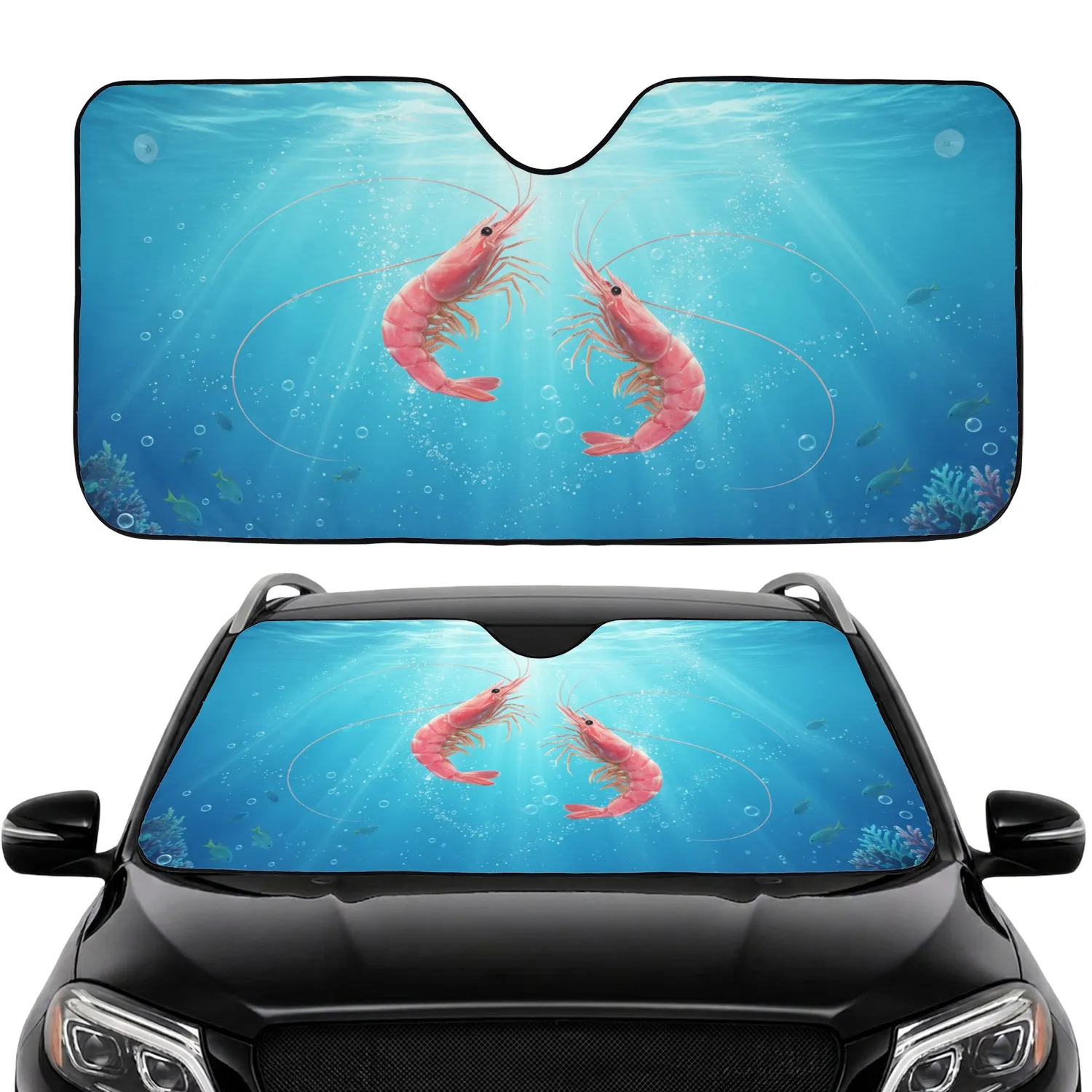 Pink Shrimps Golden Legs Swimming Ocean Water Light Shafts Car Interior Upgrade Car Sunshade - 1
