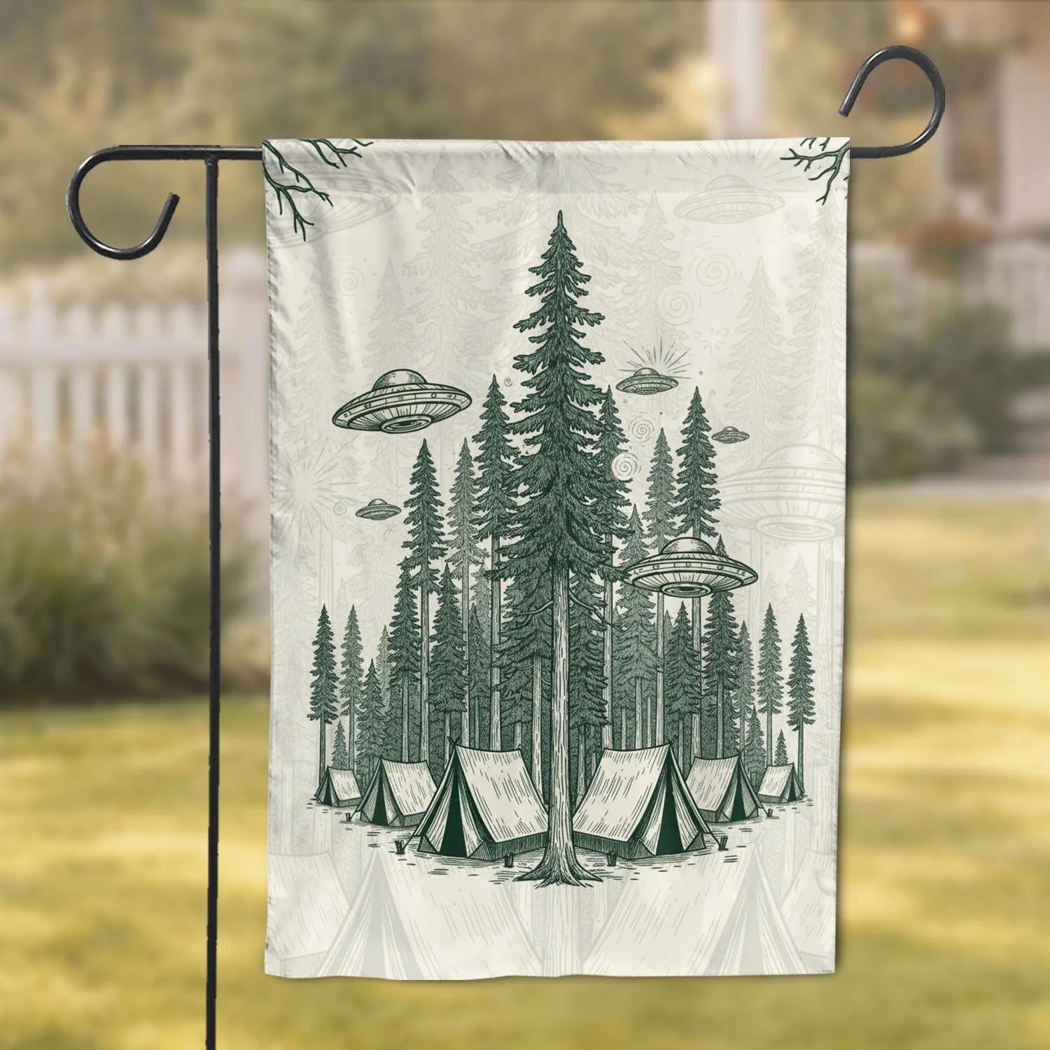 Flying Saucer Forest Camp - Wilderness Adventure Home Decor Gift for Camping Lover Garden Flag - 1