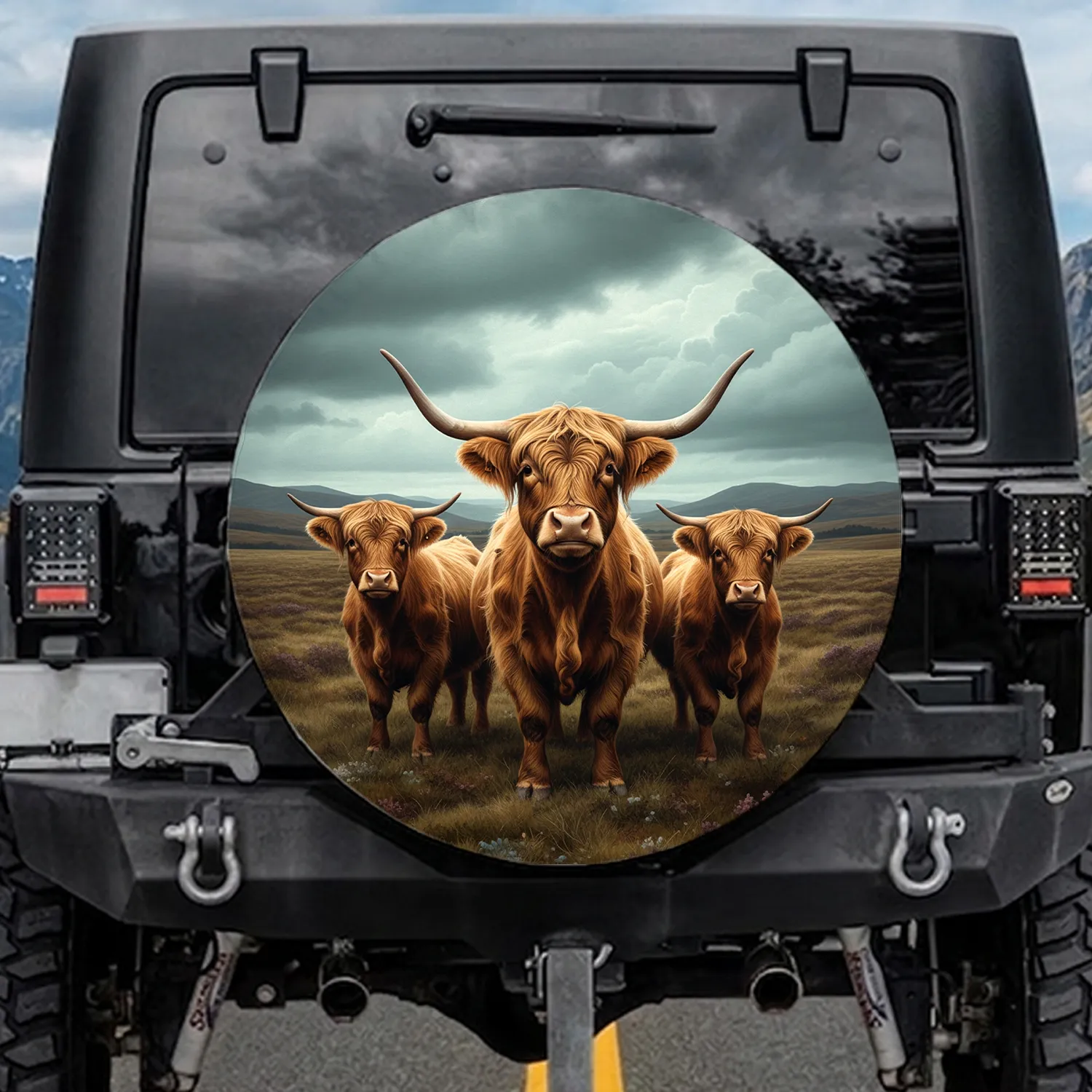 Shaggy Highland Cows Moorland Landscape - Farmhouse Decor Gift for Cow Lover Spare Tire Cover - 1