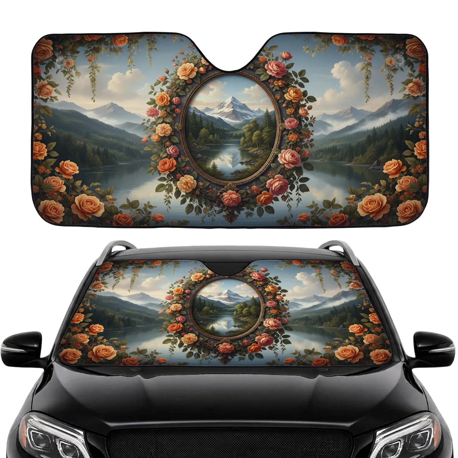 Majestic Snowy Mountain Lake Ornate Baroque Frame Roses Travel Essentials Car Sunshade - 1