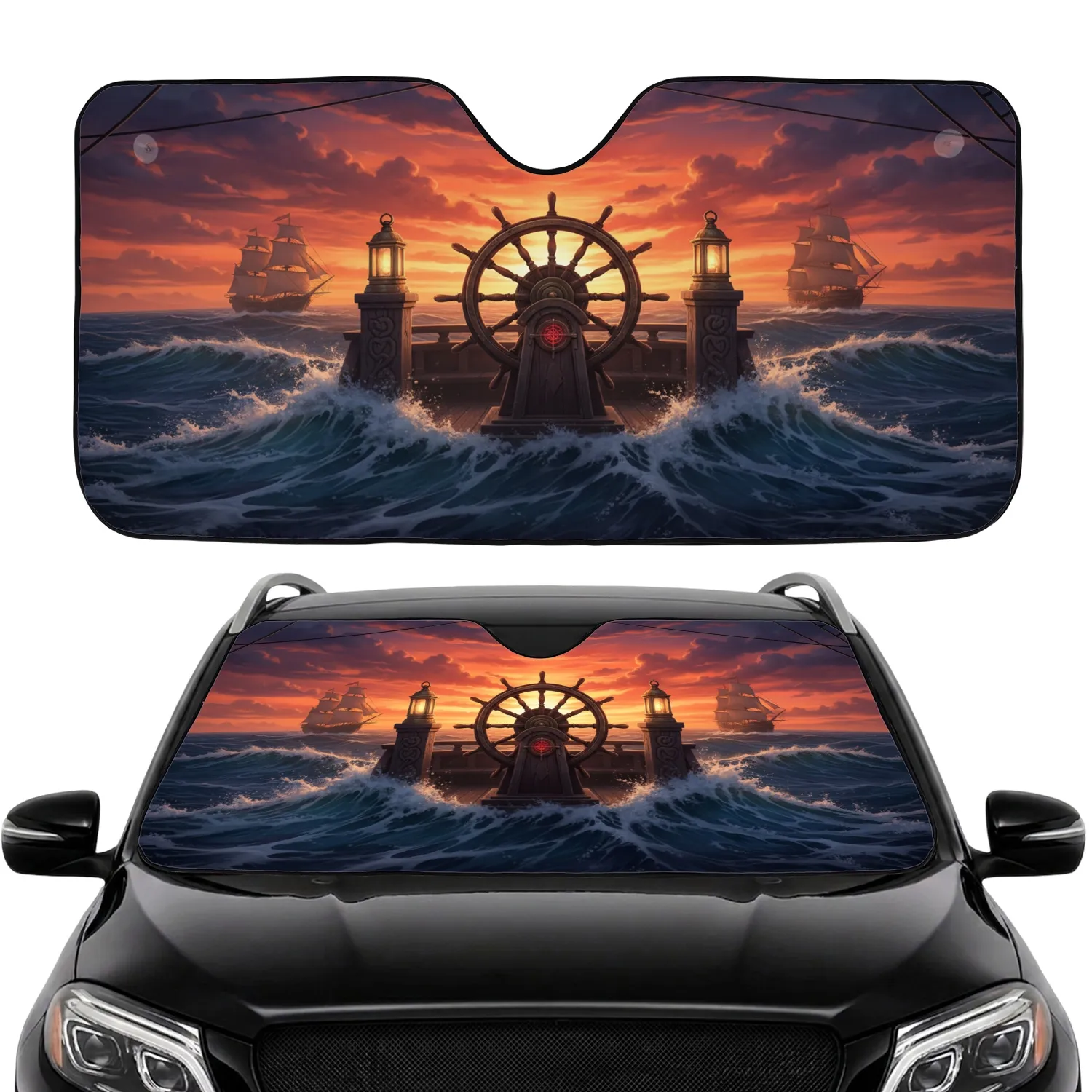 Ship Wheel Binnacle Lanterns Tall Ships Ocean Sunset - Road Trip Travel Essential Car Sunshade - 1