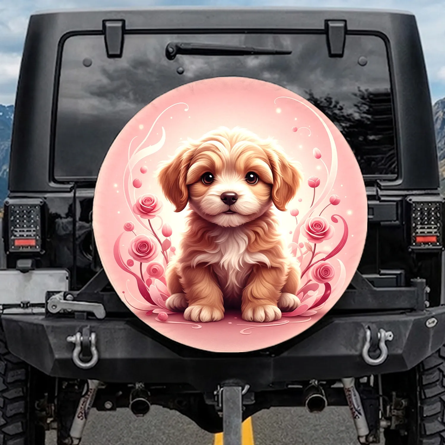 Fluffy Light Brown Puppy Dark Eyes Rose Pink Field Dog Lover Home Decor Gift Spare Tire Cover - 1
