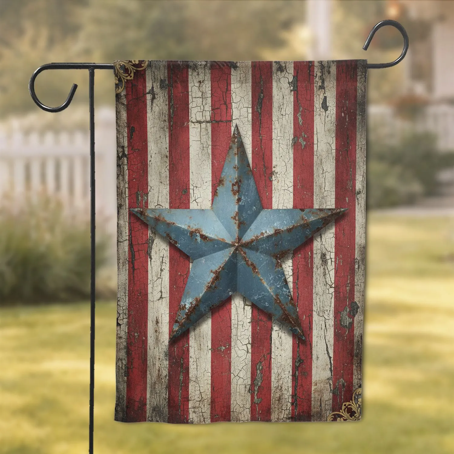 Weathered Metal Star Distressed American Flag - Farmhouse Decor Gift Garden Flag - 1
