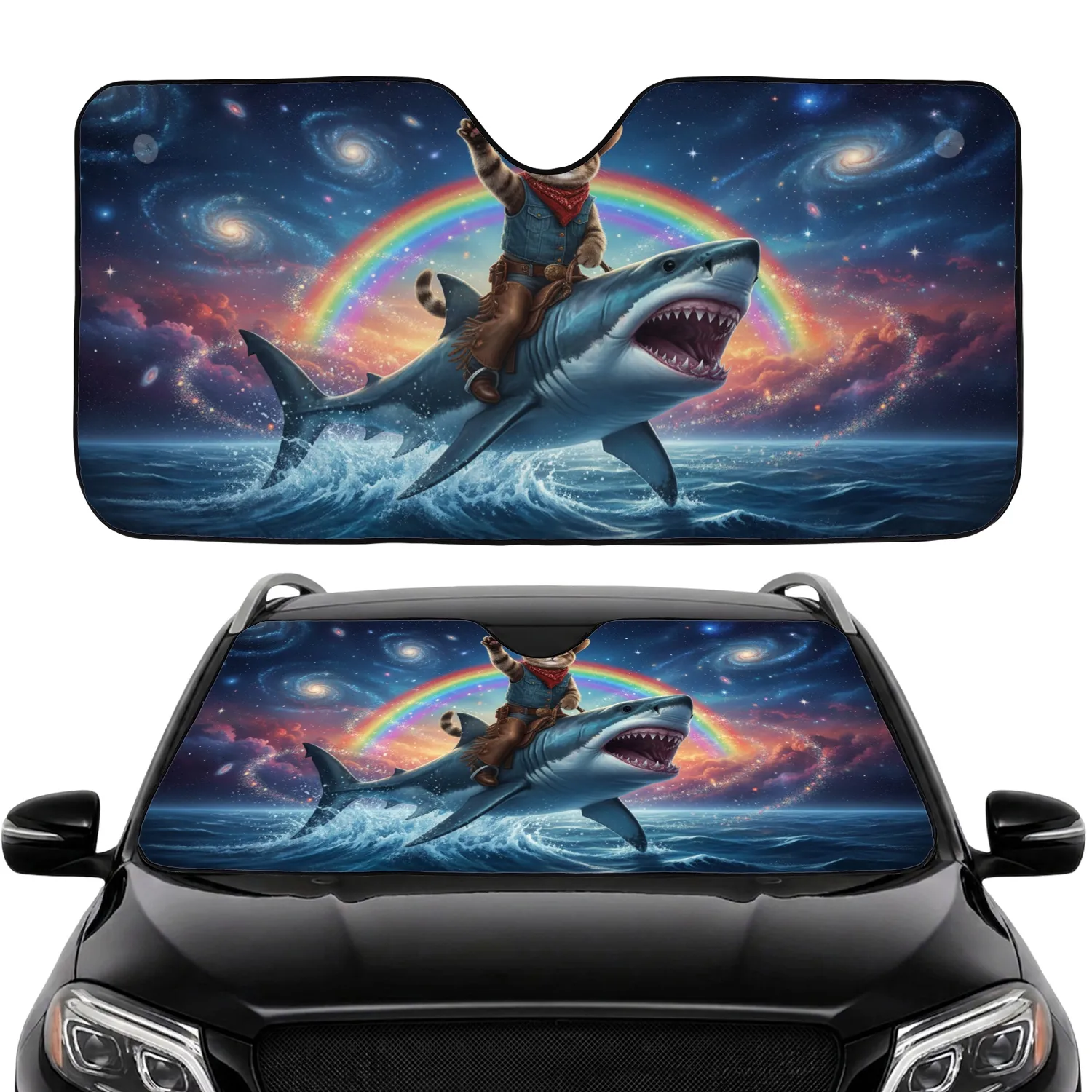 Fearless Cowboy Cat Riding Great White Shark - Cosmic Stars Travel Essentials Car Sunshade - 1